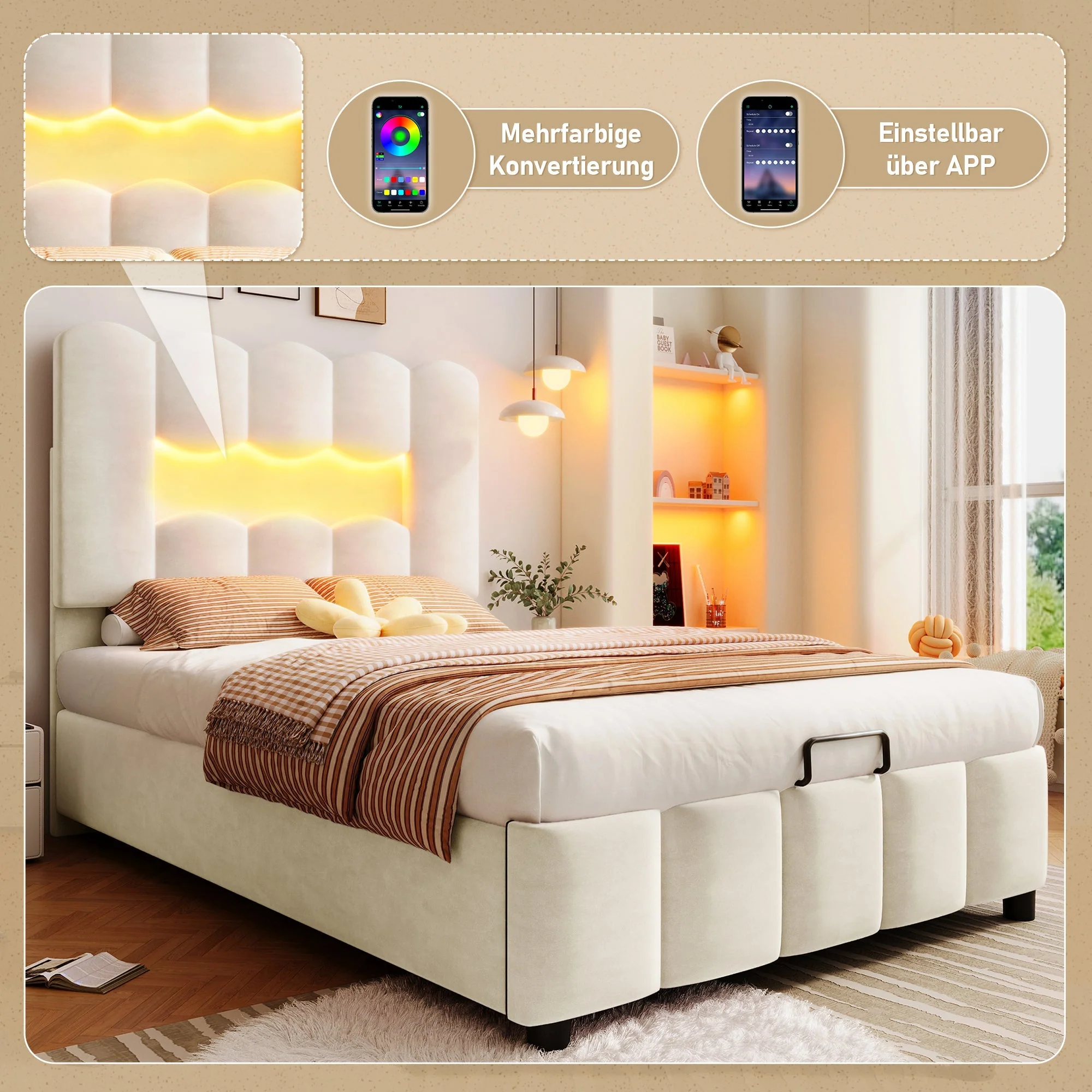 Upholstered Bed 90x200cm Hydraulic LED Adjustable Headboard Beige Velvet - Image 2
