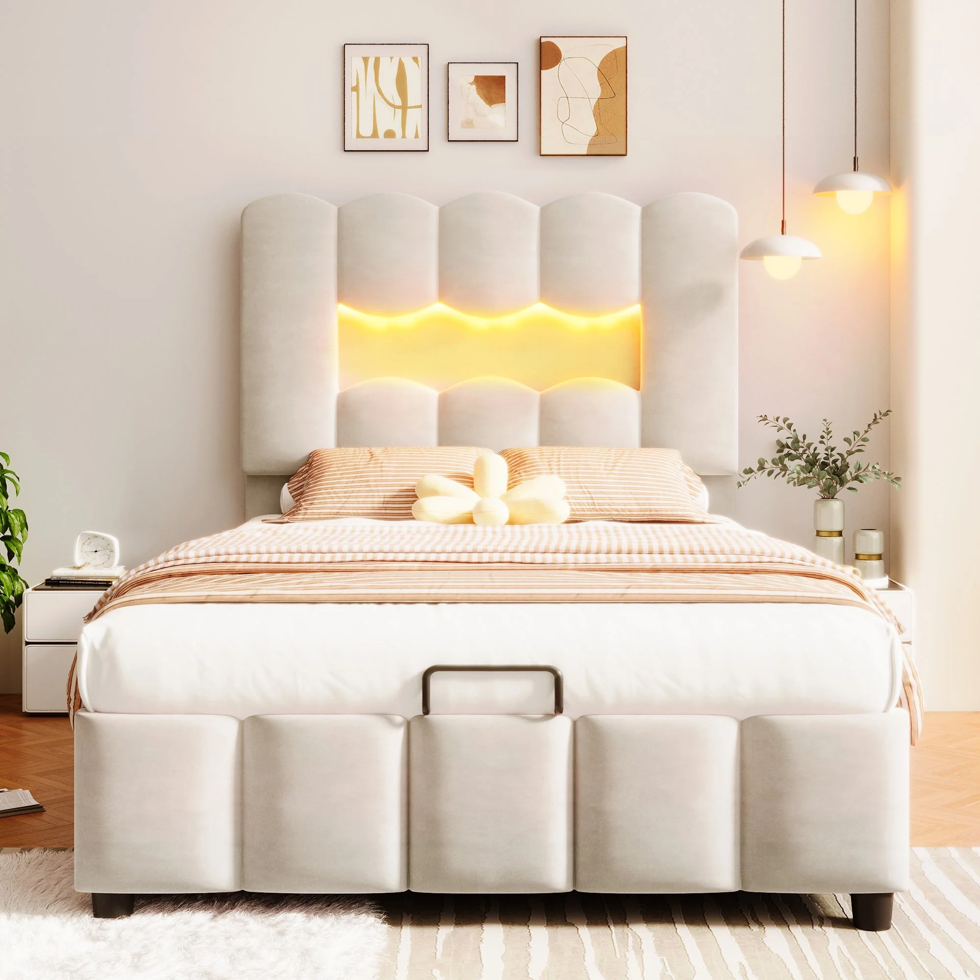 Upholstered Bed 90x200cm Hydraulic LED Adjustable Headboard Beige Velvet - Image 7