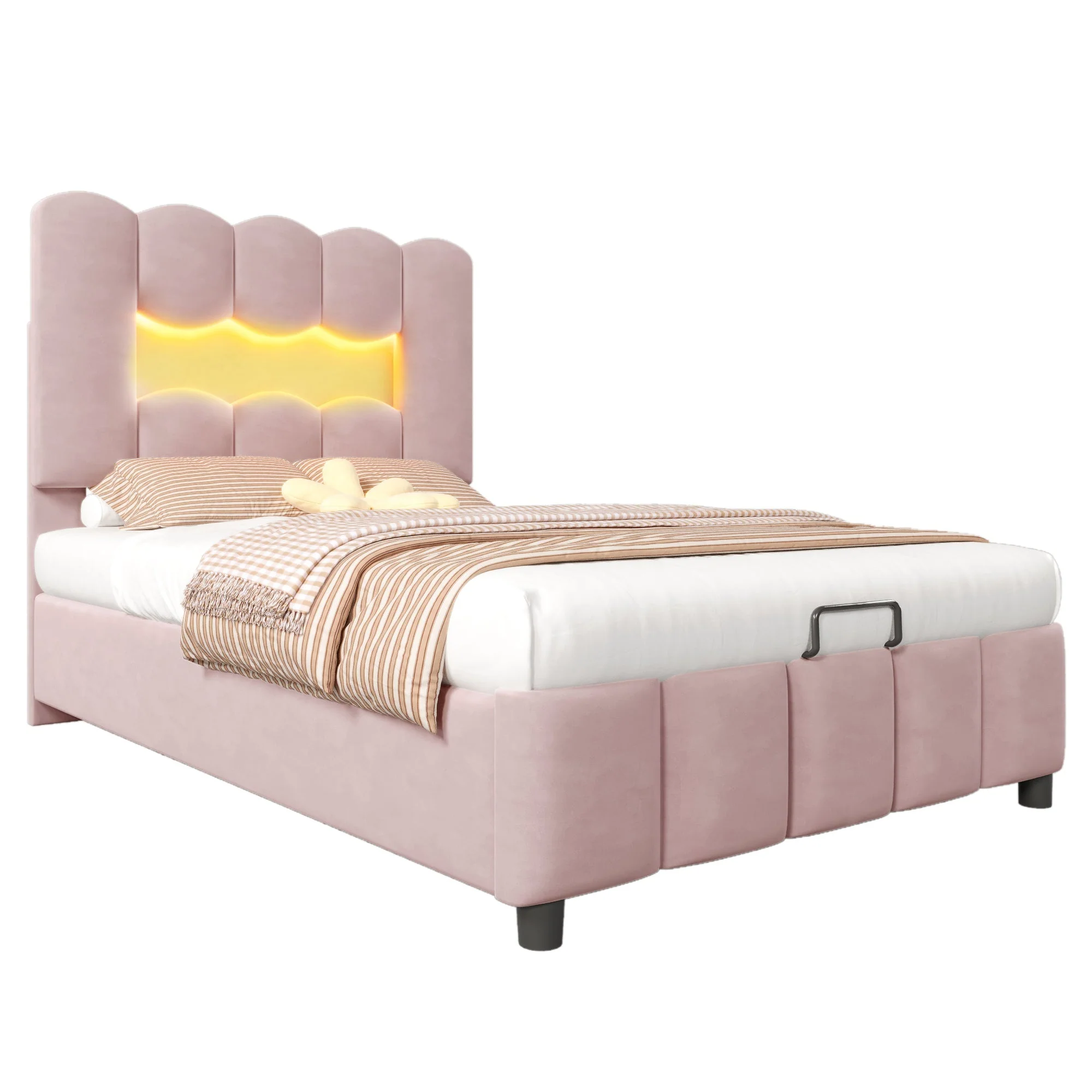 Upholstered Bed 90x200cm Hydraulic LED Adjustable Headboard, Velvet Pink - Image 8