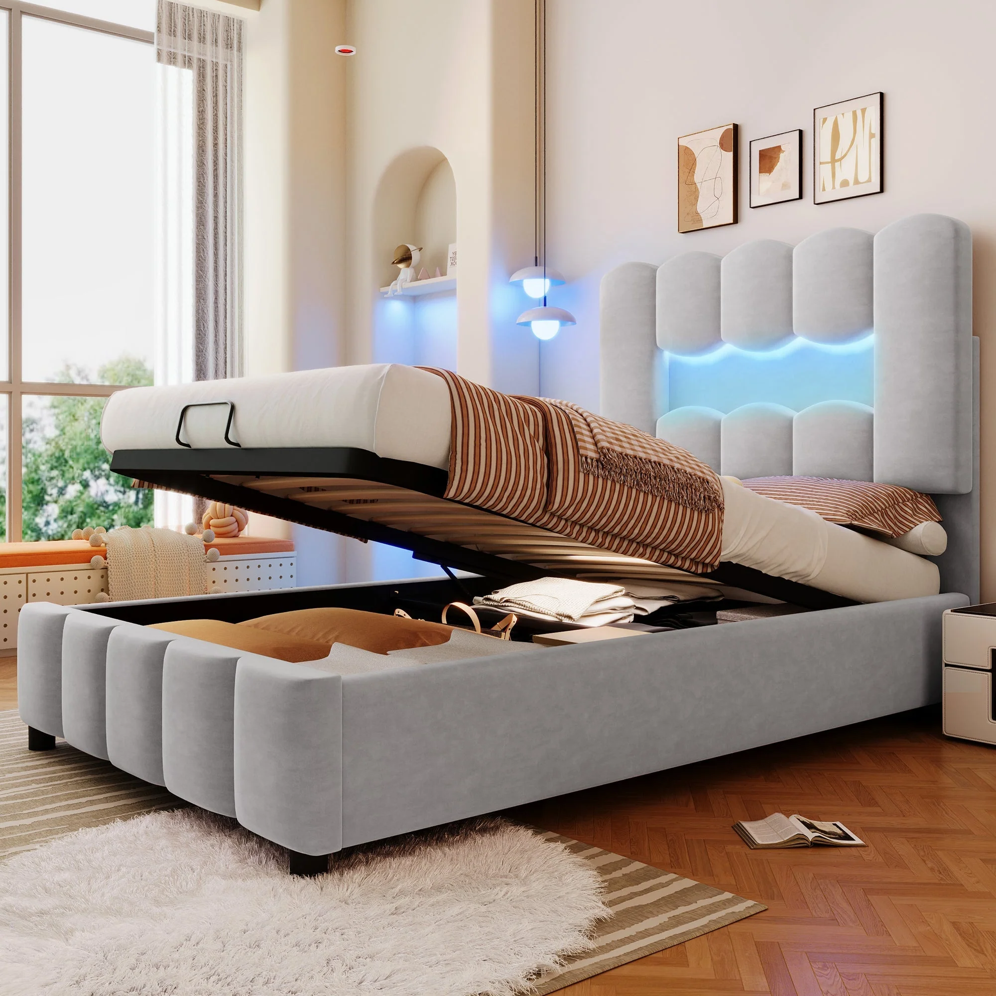 Upholstered Bed 90x200cm Hydraulic Storage LED Adjustable Headboard Velvet Grey - Image 5