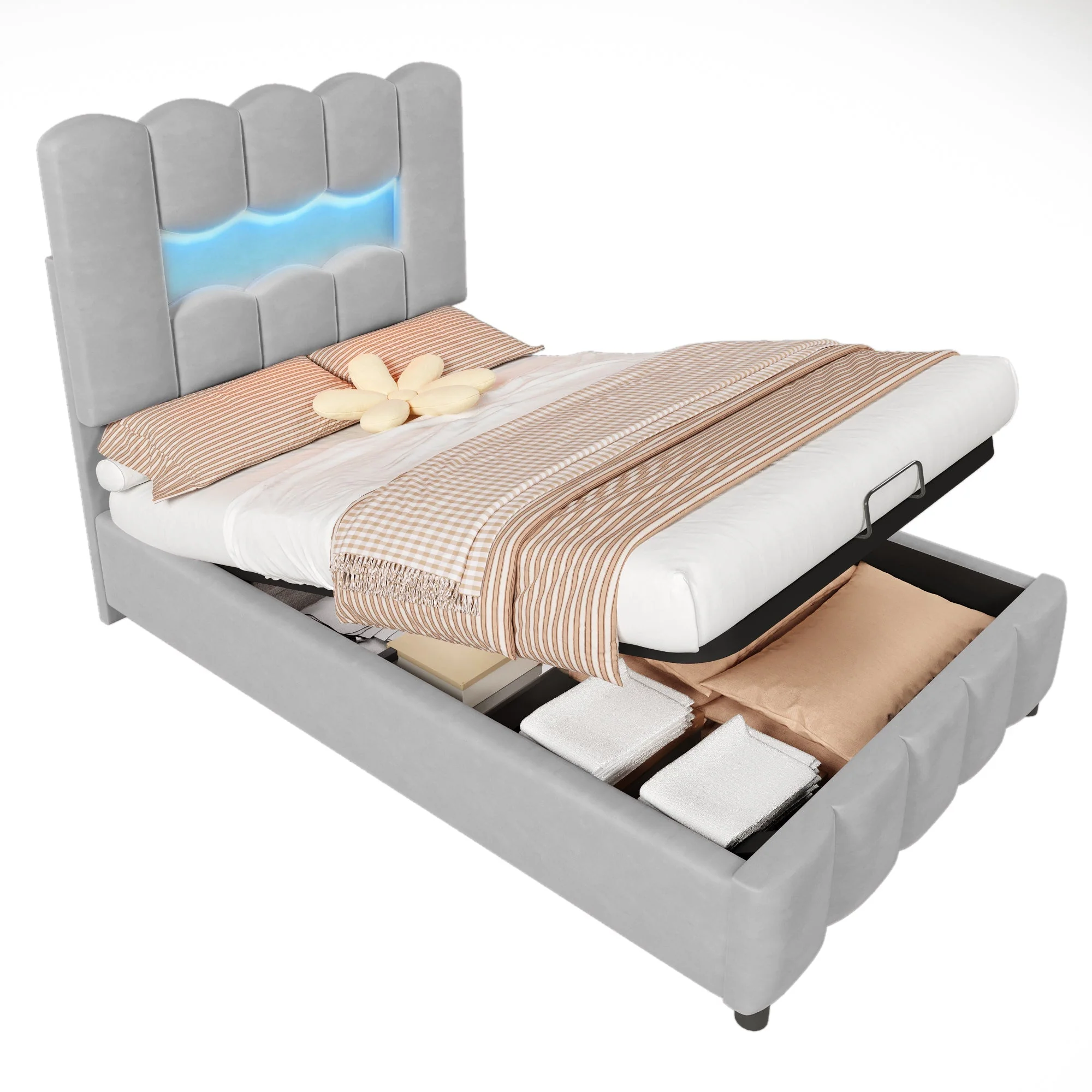 Upholstered Bed 90x200cm Hydraulic Storage LED Adjustable Headboard Velvet Grey - Image 9
