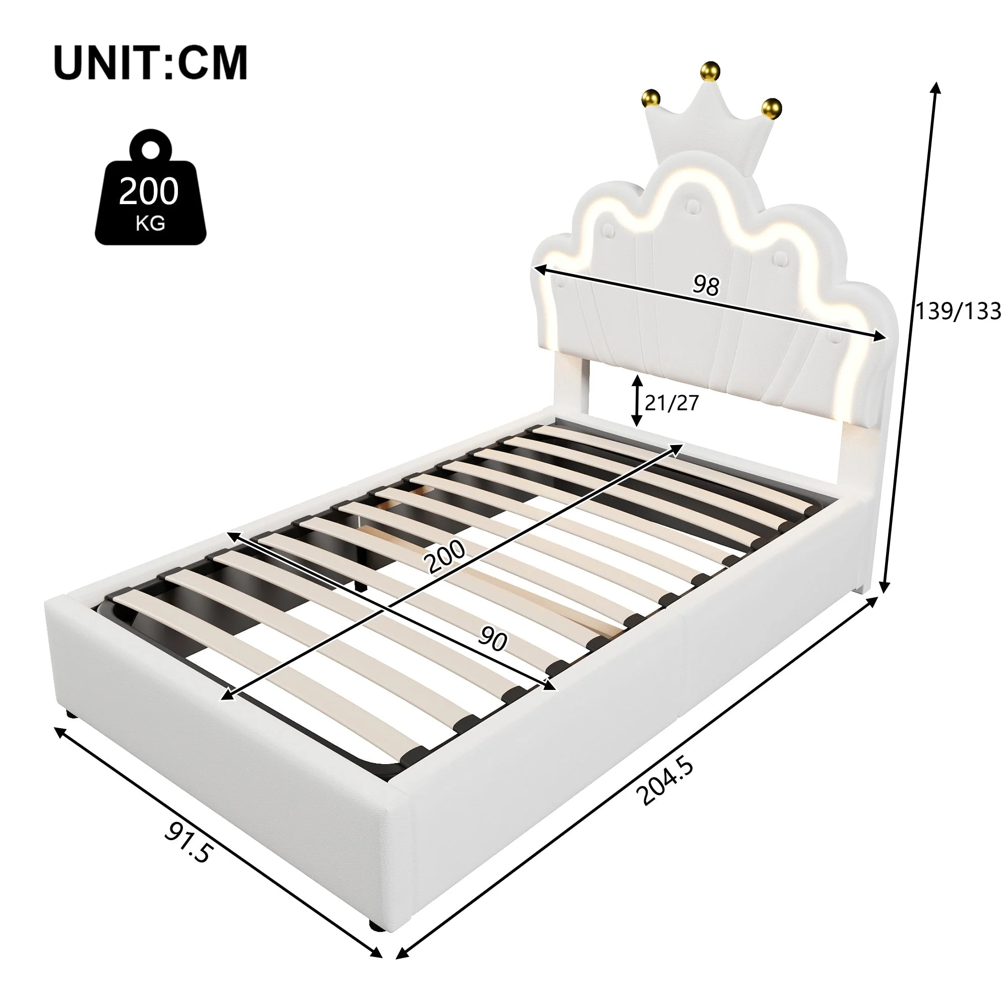 Upholstered Bed 90x200cm Hydraulic Storage LED Crown Adjustable Headboard - PU White - Image 10