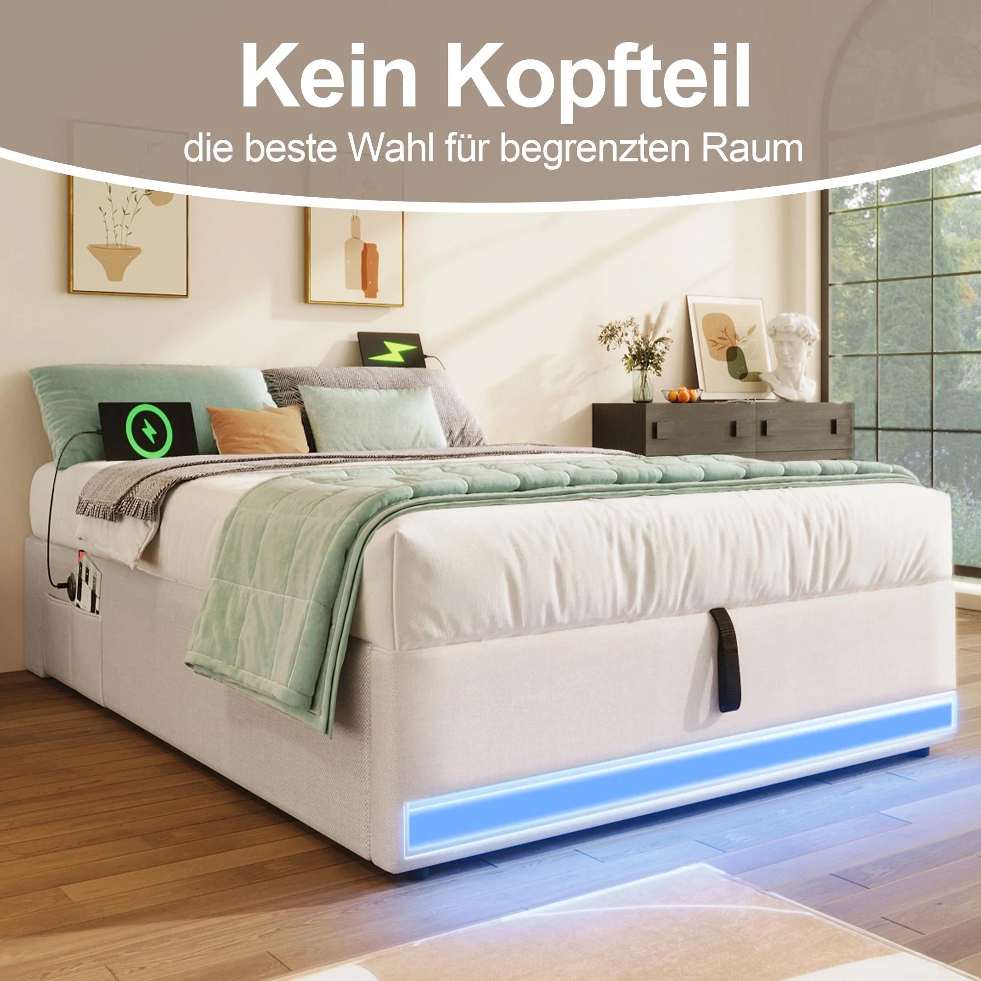 Upholstered Bed 90x200cm Hydraulic Storage LED USB/Type-C Pockets - Beige - Image 3
