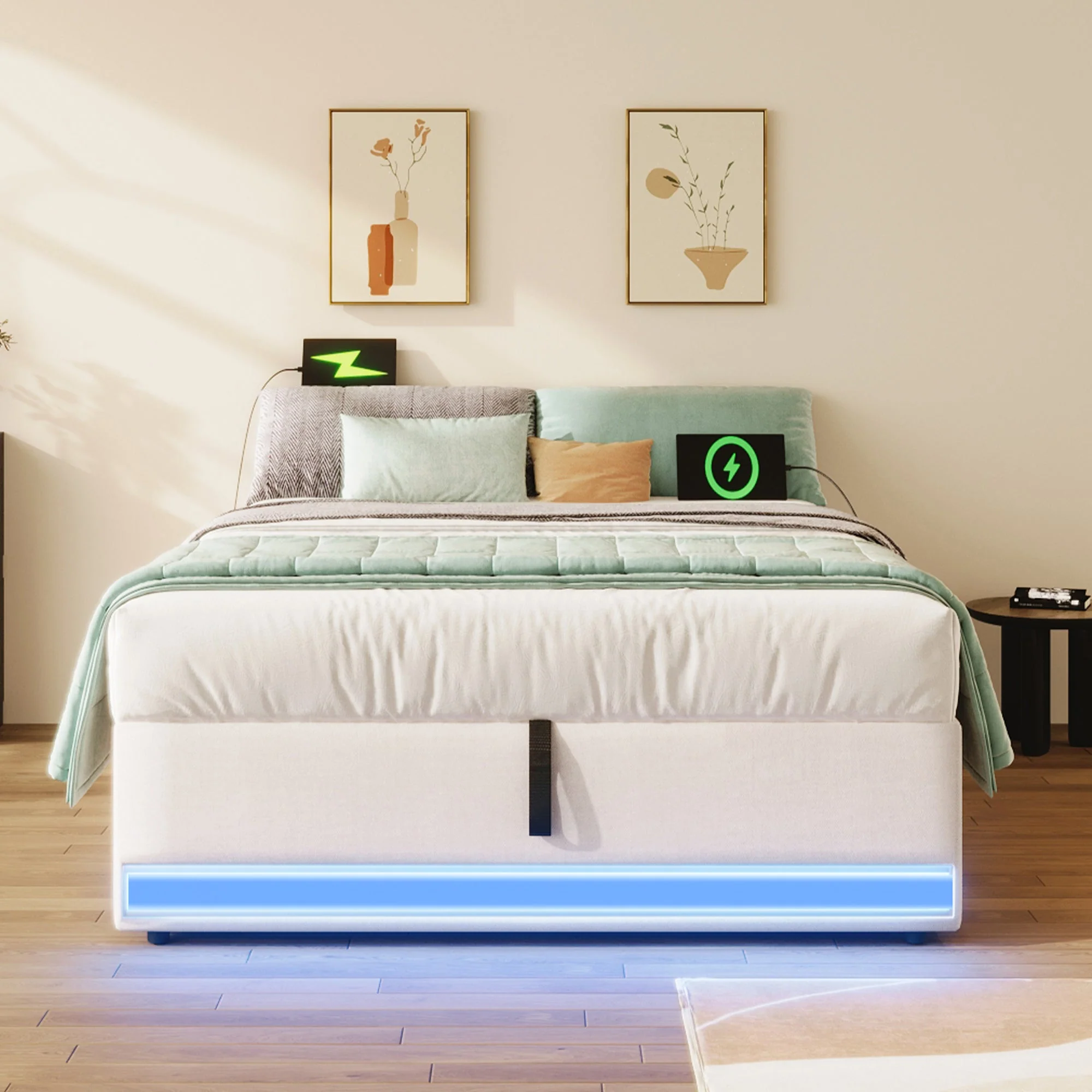 Upholstered Bed 90x200cm Hydraulic Storage LED USB/Type-C Pockets - Beige - Image 6