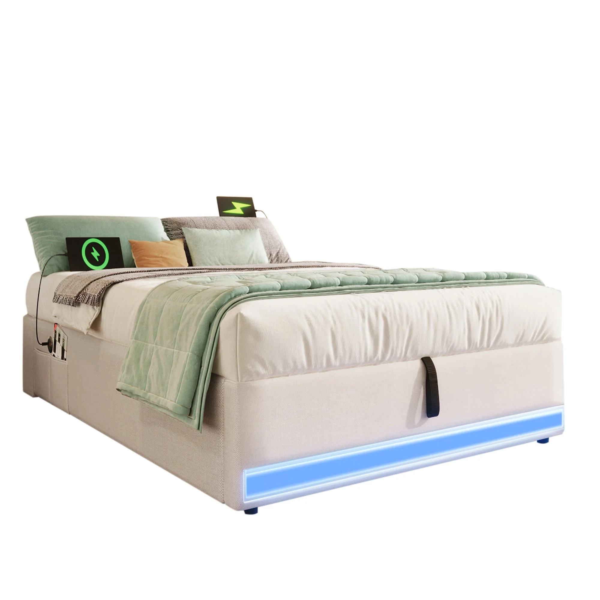 Upholstered Bed 90x200cm Hydraulic Storage LED USB/Type-C Pockets - Beige - Image 7