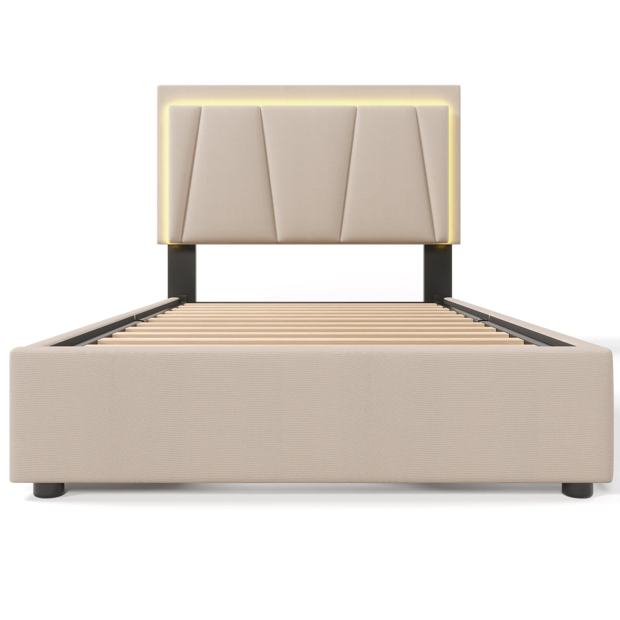 Upholstered Bed 90x200cm LED, 2 Drawers, Adjustable Headboard, Wooden Slats, Beige (with Mattress) - Image 3
