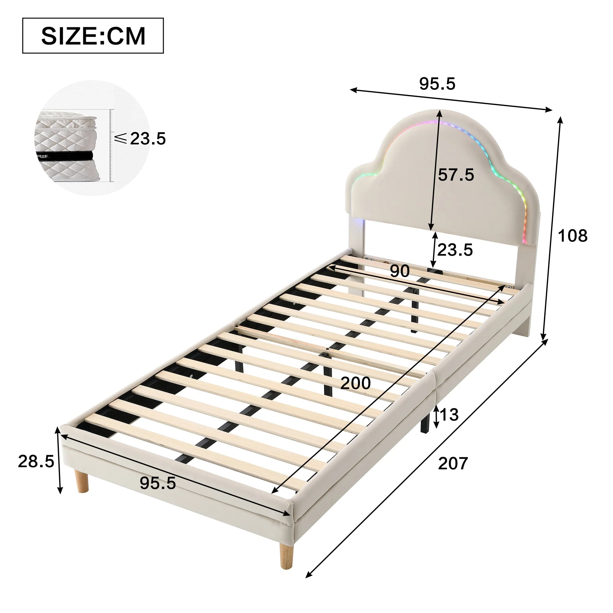 Upholstered Bed 90x200cm LED Cloud Headboard Single, Velvet Beige - Image 4
