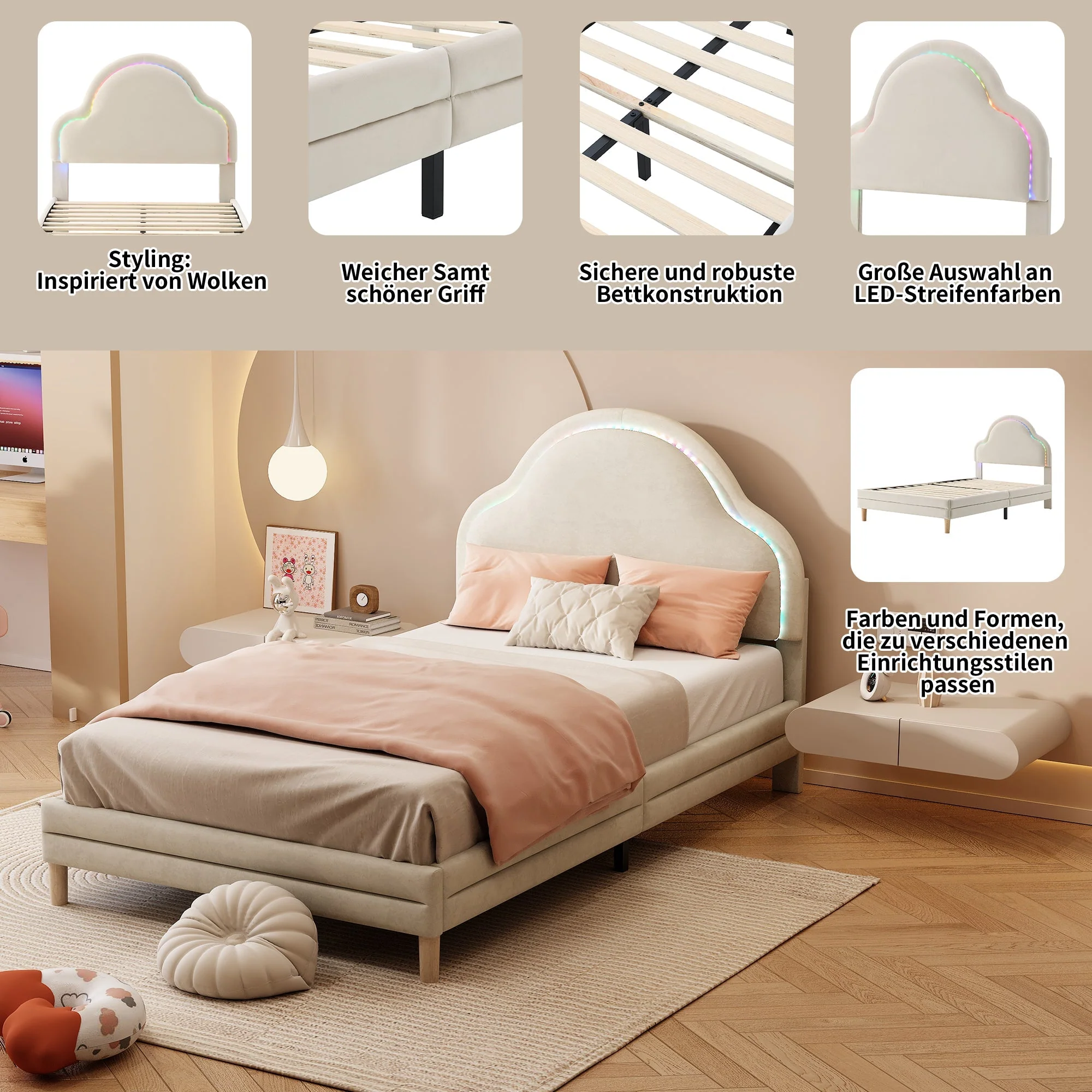 Upholstered Bed 90x200cm LED Cloud Headboard Single, Velvet Beige - Image 5