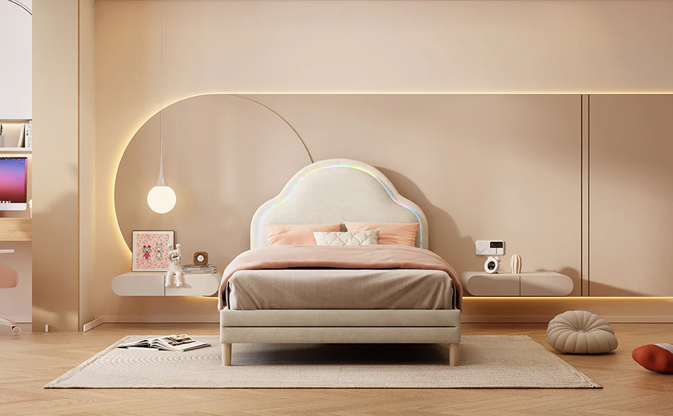 Upholstered Bed 90x200cm LED Cloud Headboard Single, Velvet Beige - Image 8