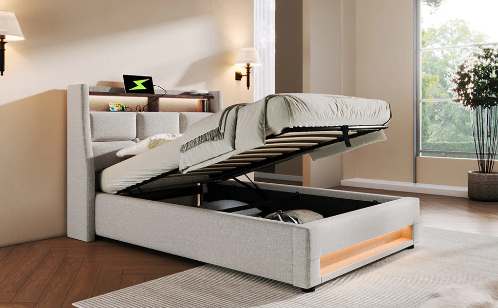 Upholstered Bed, 90x200cm LED Single with Metal Frame, Linen - Image 10