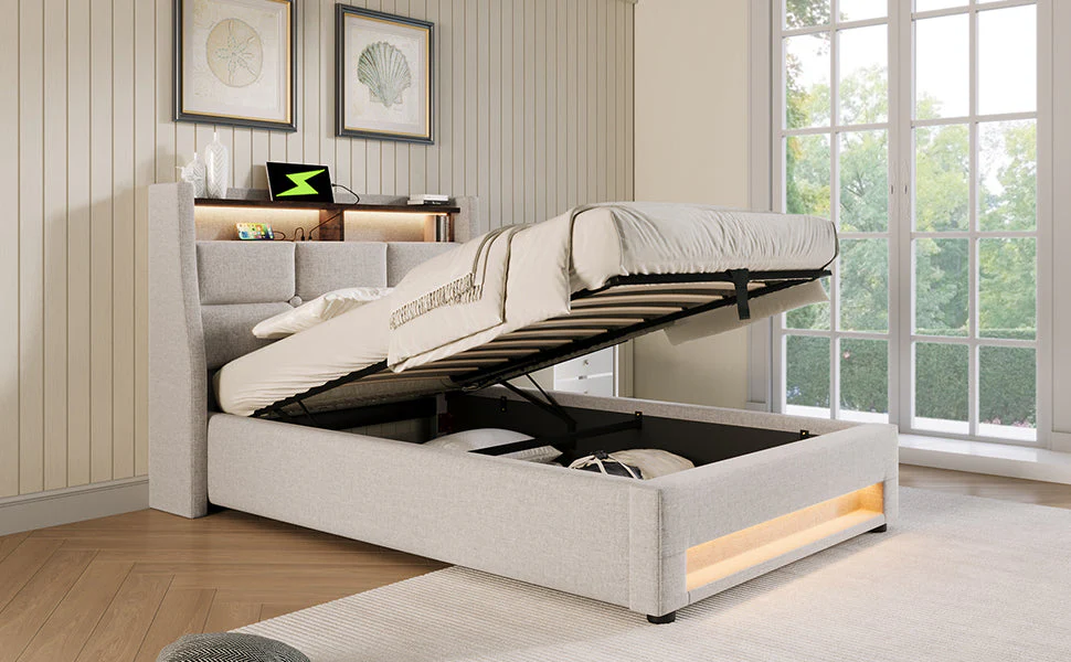 Upholstered Bed 90x200cm, LED Single with USB, Linen - Image 10