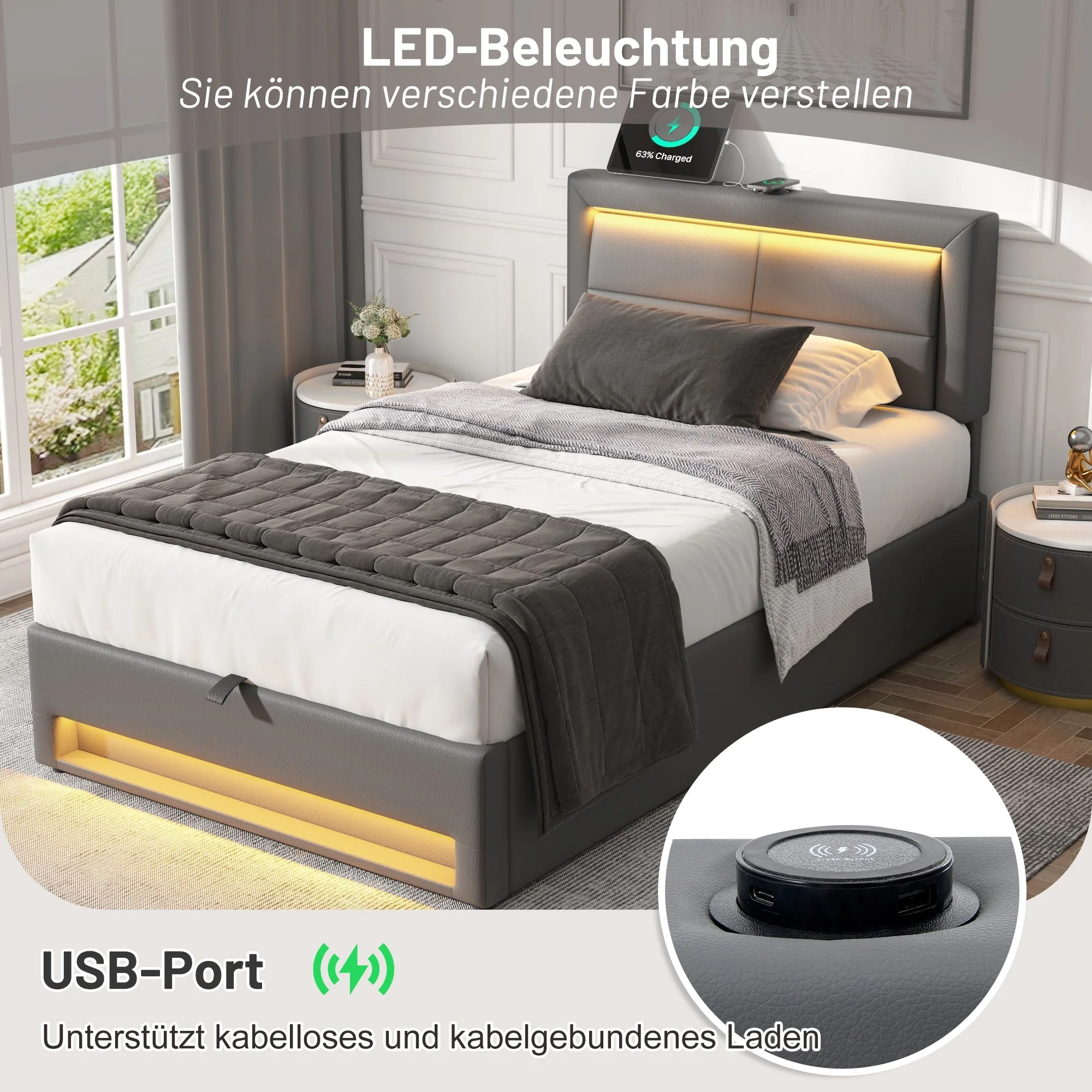 Upholstered Bed 90x200cm LED Storage USB/Wireless Charging - PU Lychee Grey - Image 5