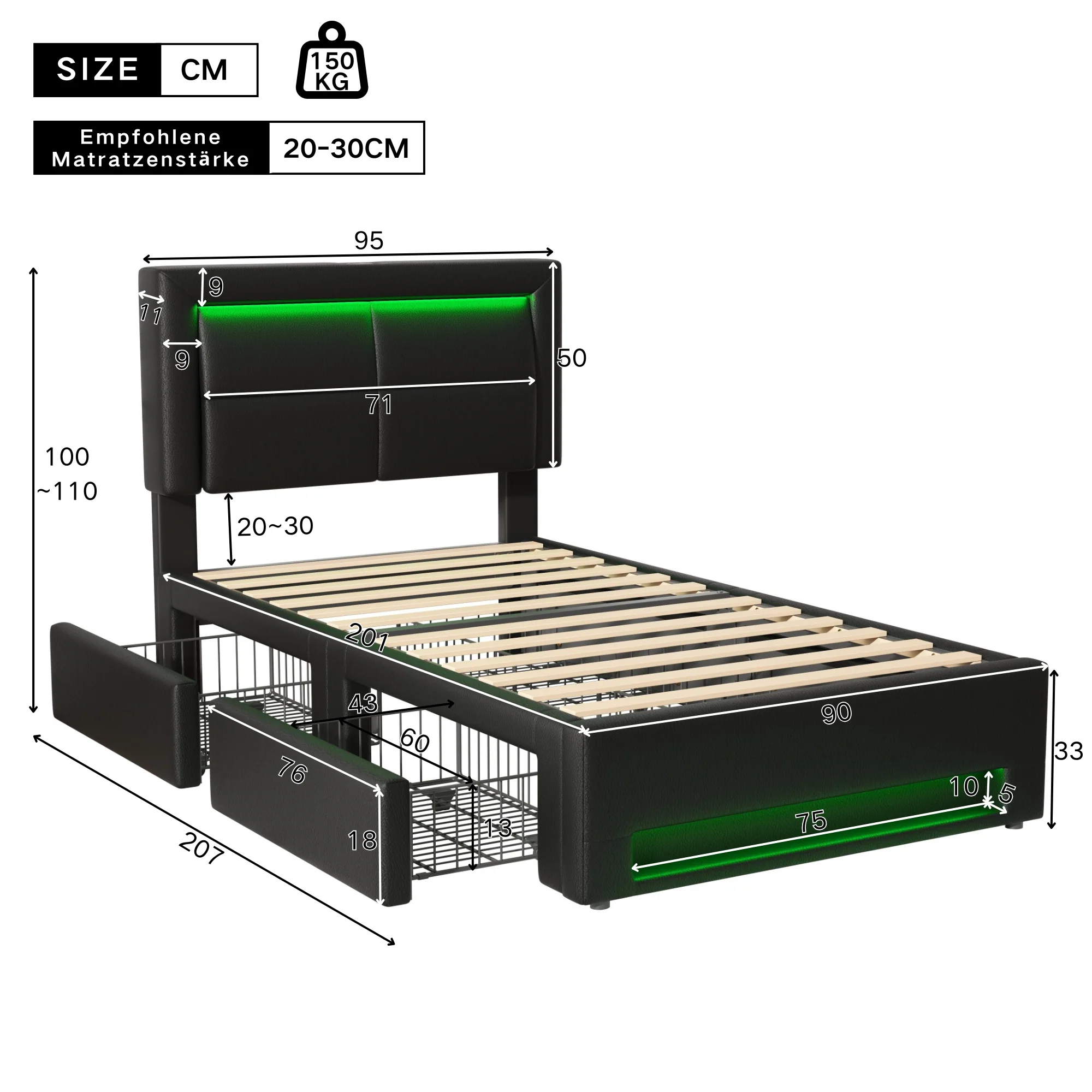 Upholstered Bed 90x200cm LED USB Charging 4 Drawers - Black PU Lychee - Image 8