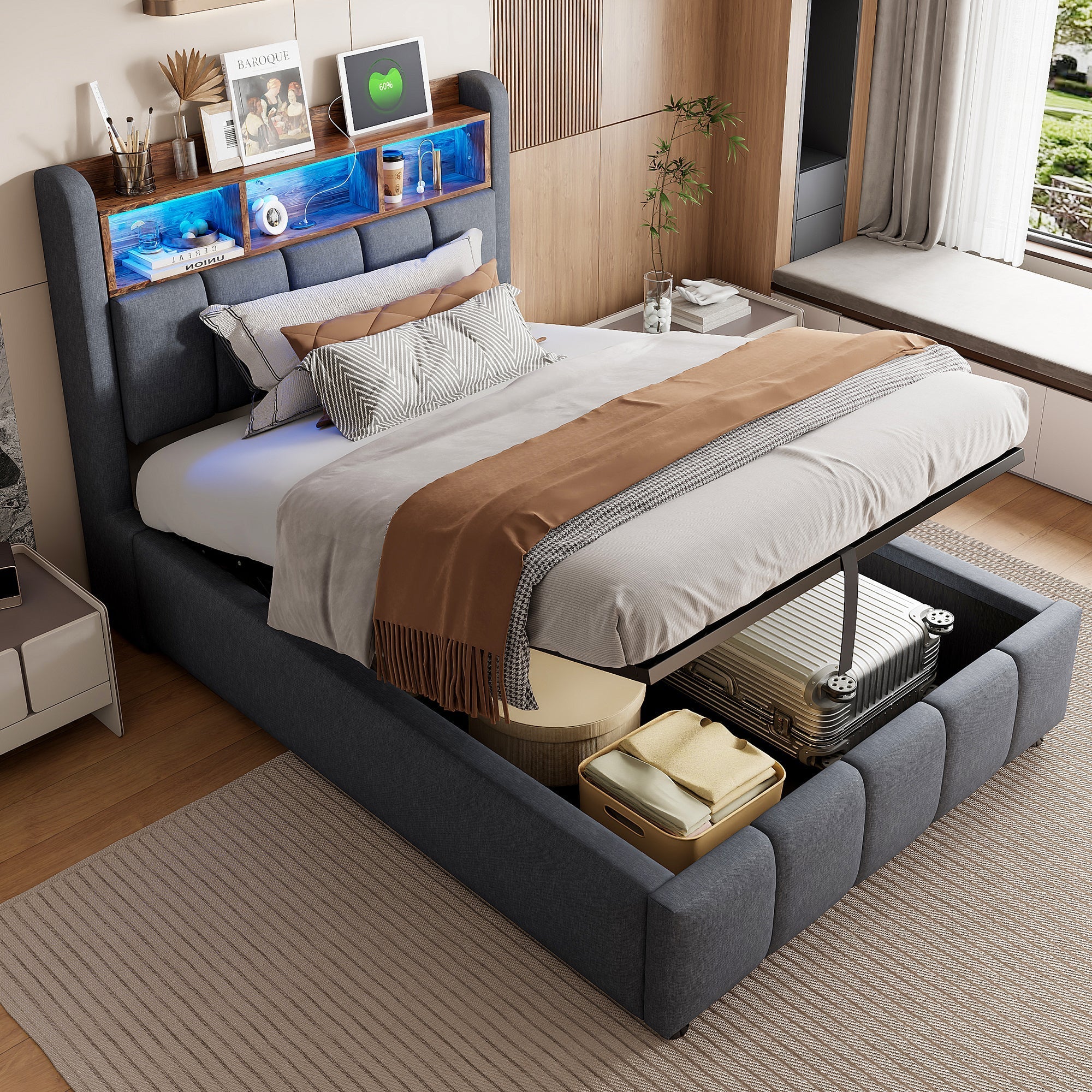 Upholstered Bed 90x200cm LED/USB Headboard Storage Hydraulic Single Linen Grey - Image 2