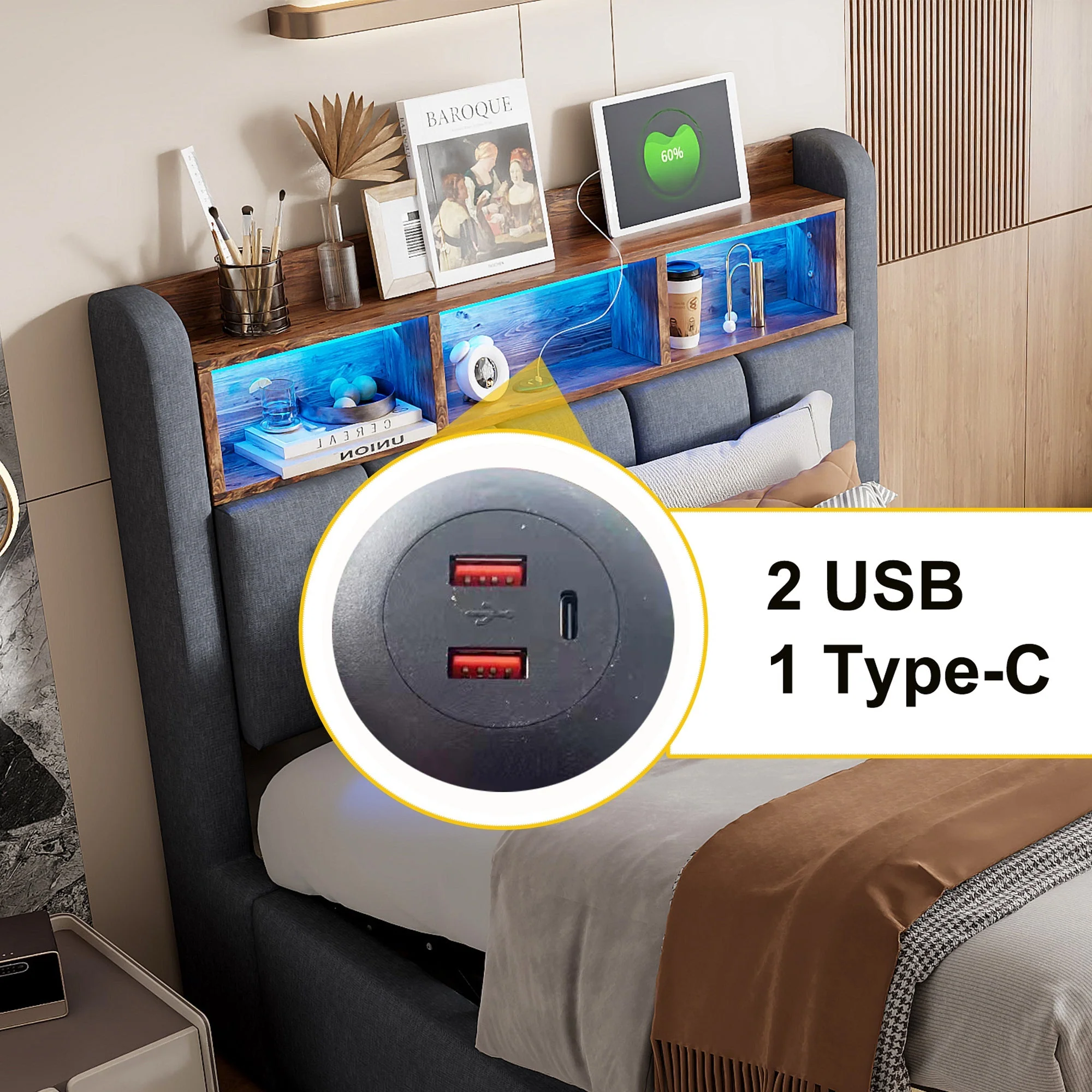 Upholstered Bed 90x200cm LED/USB Headboard Storage Hydraulic Single Linen Grey - Image 4