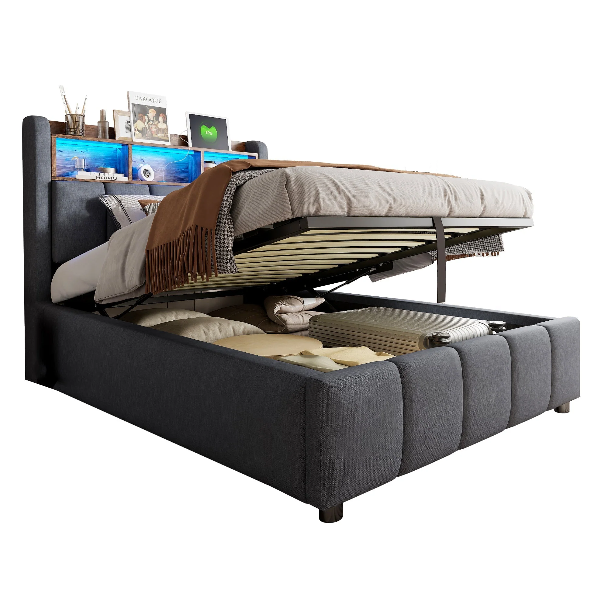 Upholstered Bed 90x200cm LED/USB Headboard Storage Hydraulic Single Linen Grey - Image 6
