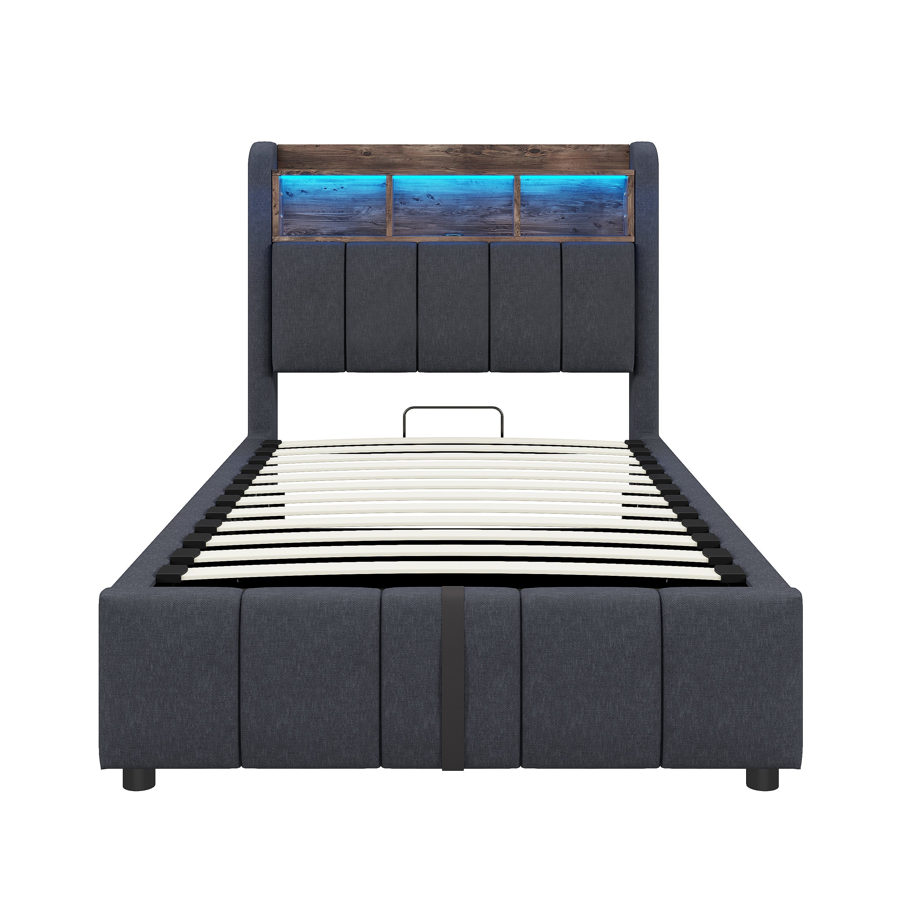 Upholstered Bed 90x200cm LED/USB Headboard Storage Hydraulic Single Linen Grey - Image 7