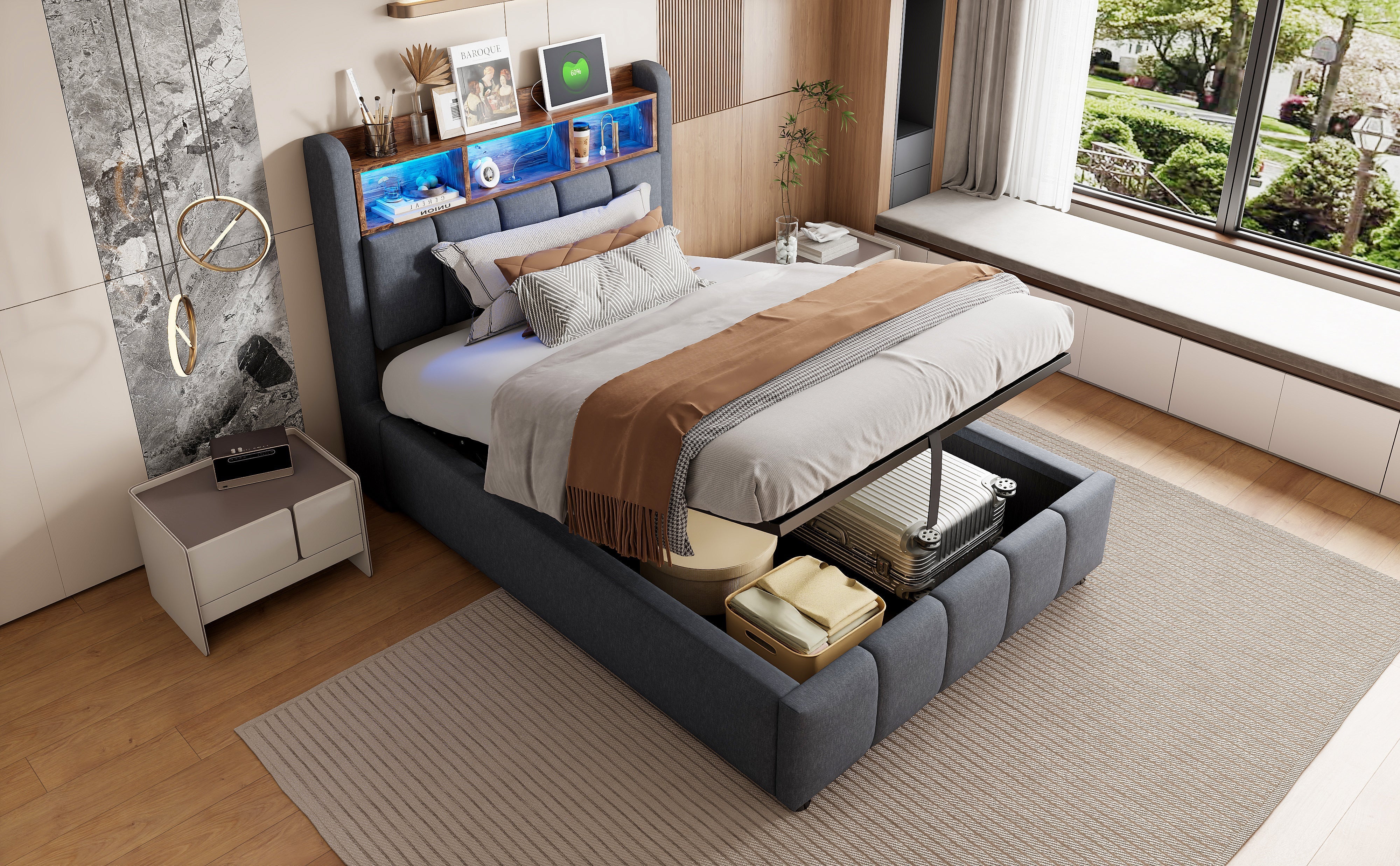 Upholstered Bed 90x200cm LED/USB Headboard Storage Hydraulic Single Linen Grey - Image 8
