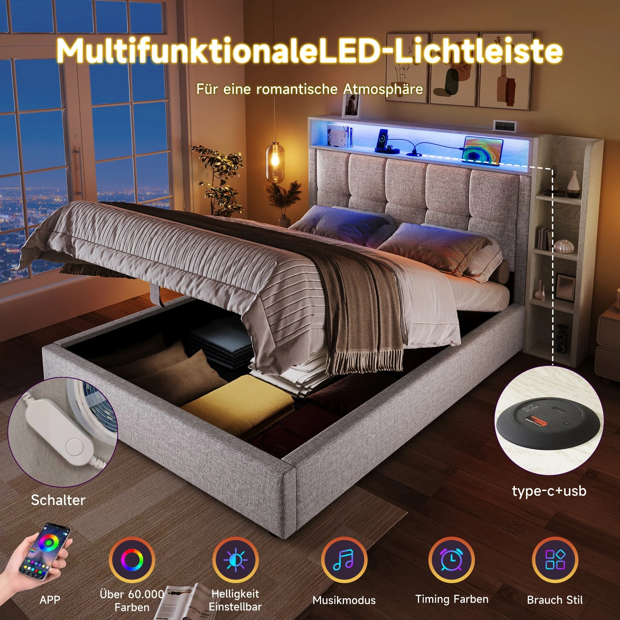 Upholstered Bed 90x200cm Multifunctional Storage LED USB/Type-C App Control - Linen Beige - Image 6