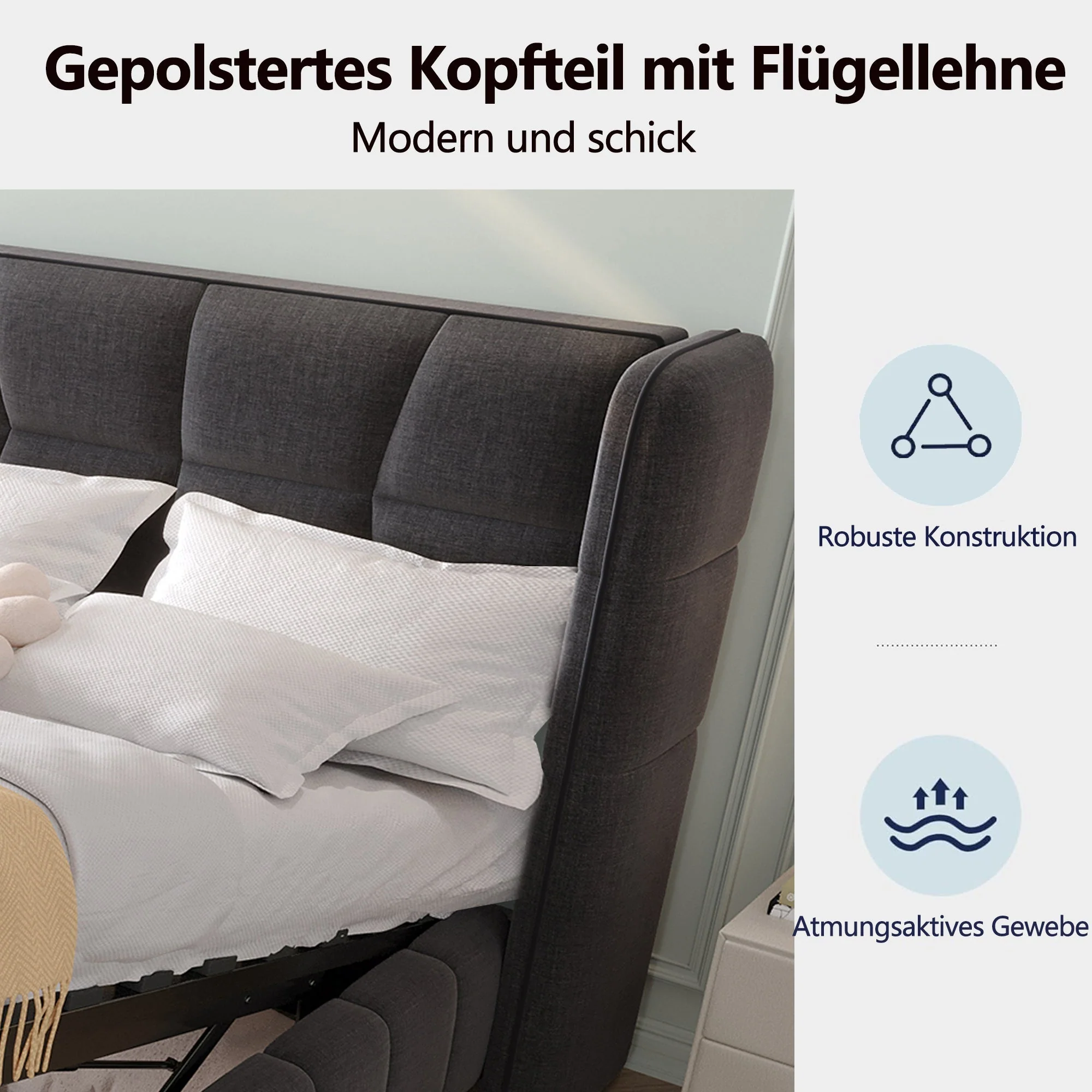 Upholstered Bed 90x200cm Pneumatic Storage Slatted Base - Linen Grey - Image 4