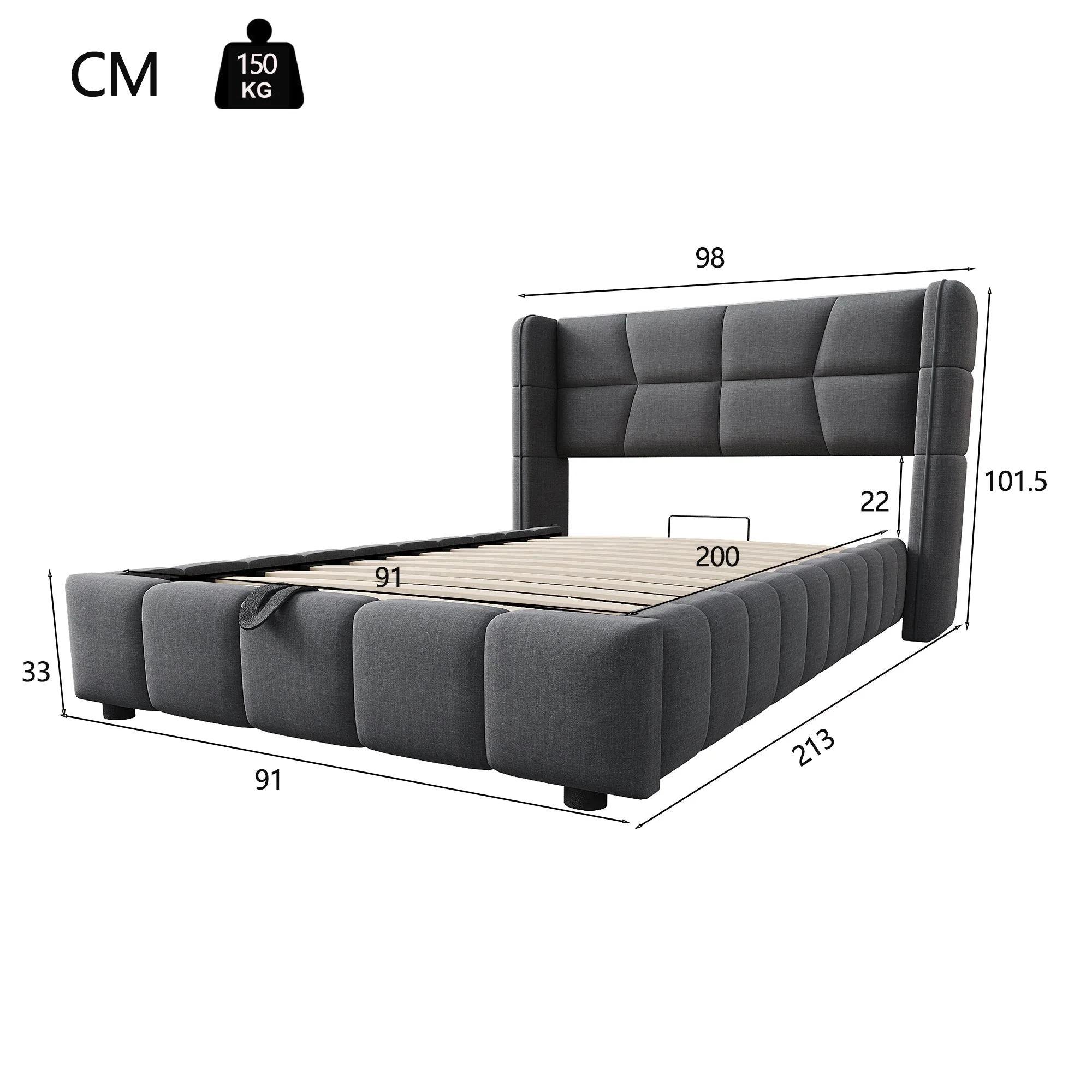 Upholstered Bed 90x200cm Pneumatic Storage Slatted Base - Linen Grey - Image 7
