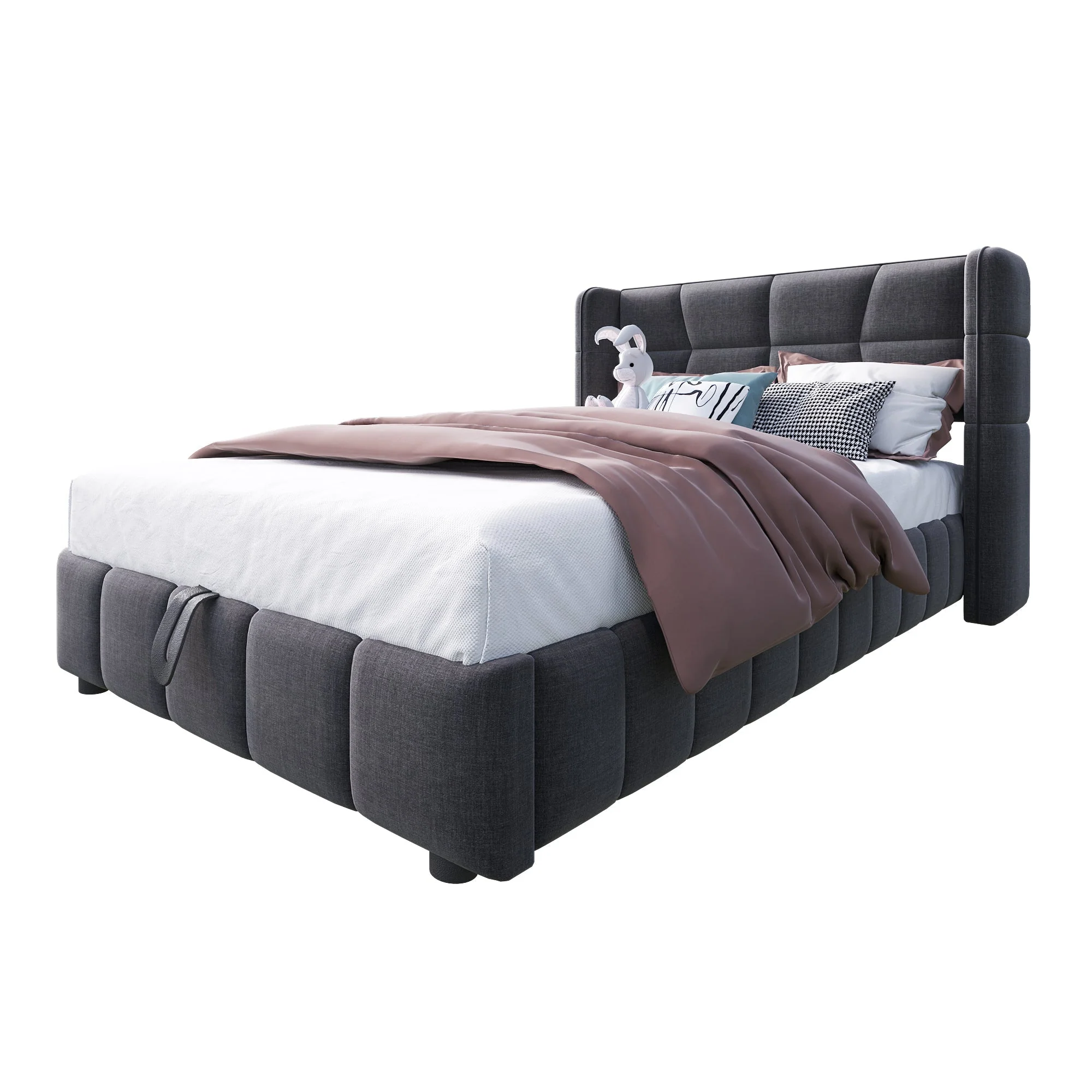 Upholstered Bed 90x200cm Pneumatic Storage Slatted Base - Linen Grey - Image 9
