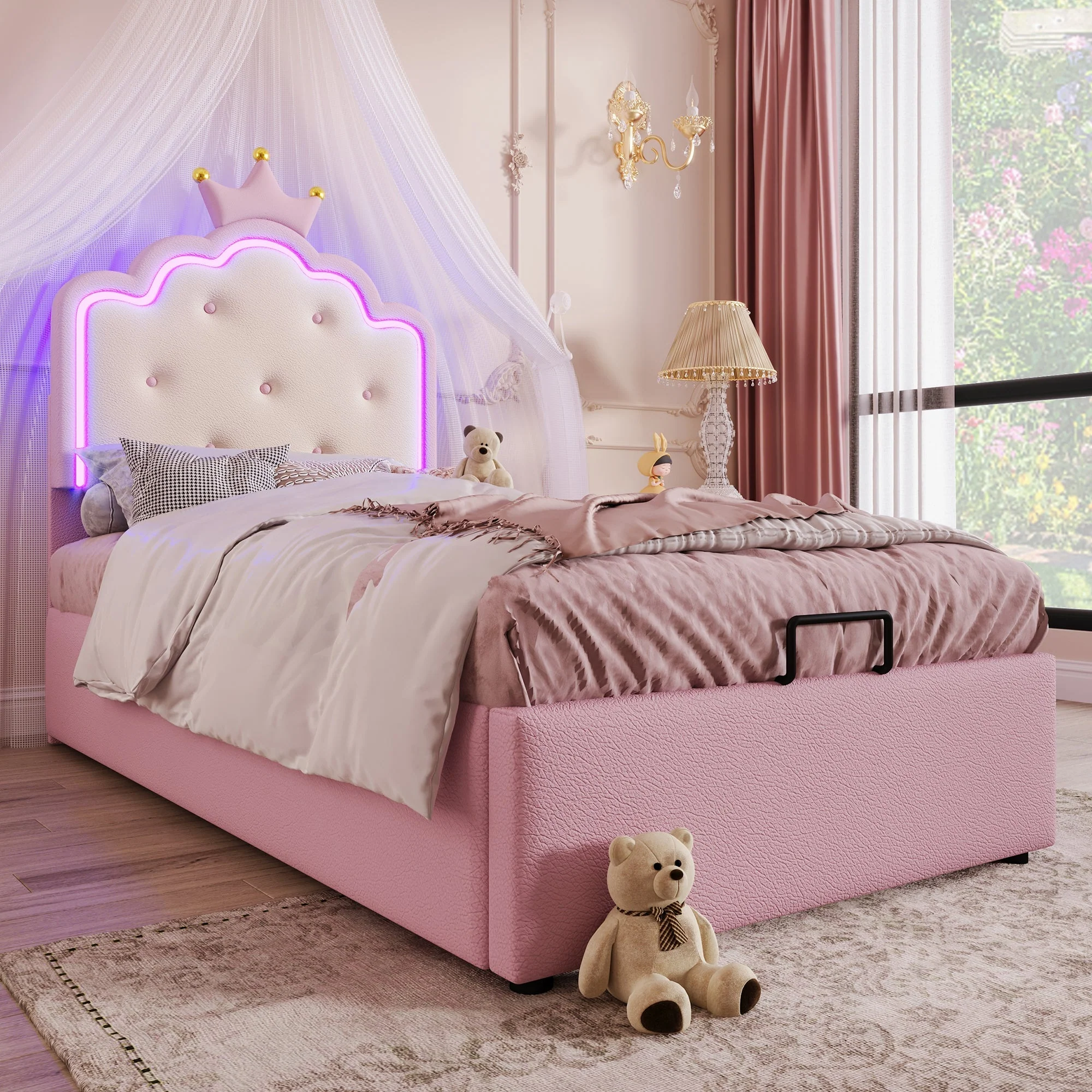 Upholstered Bed 90x200cm Princess Hydraulic Storage Ambient LED Lighting Pink PU - Image 8