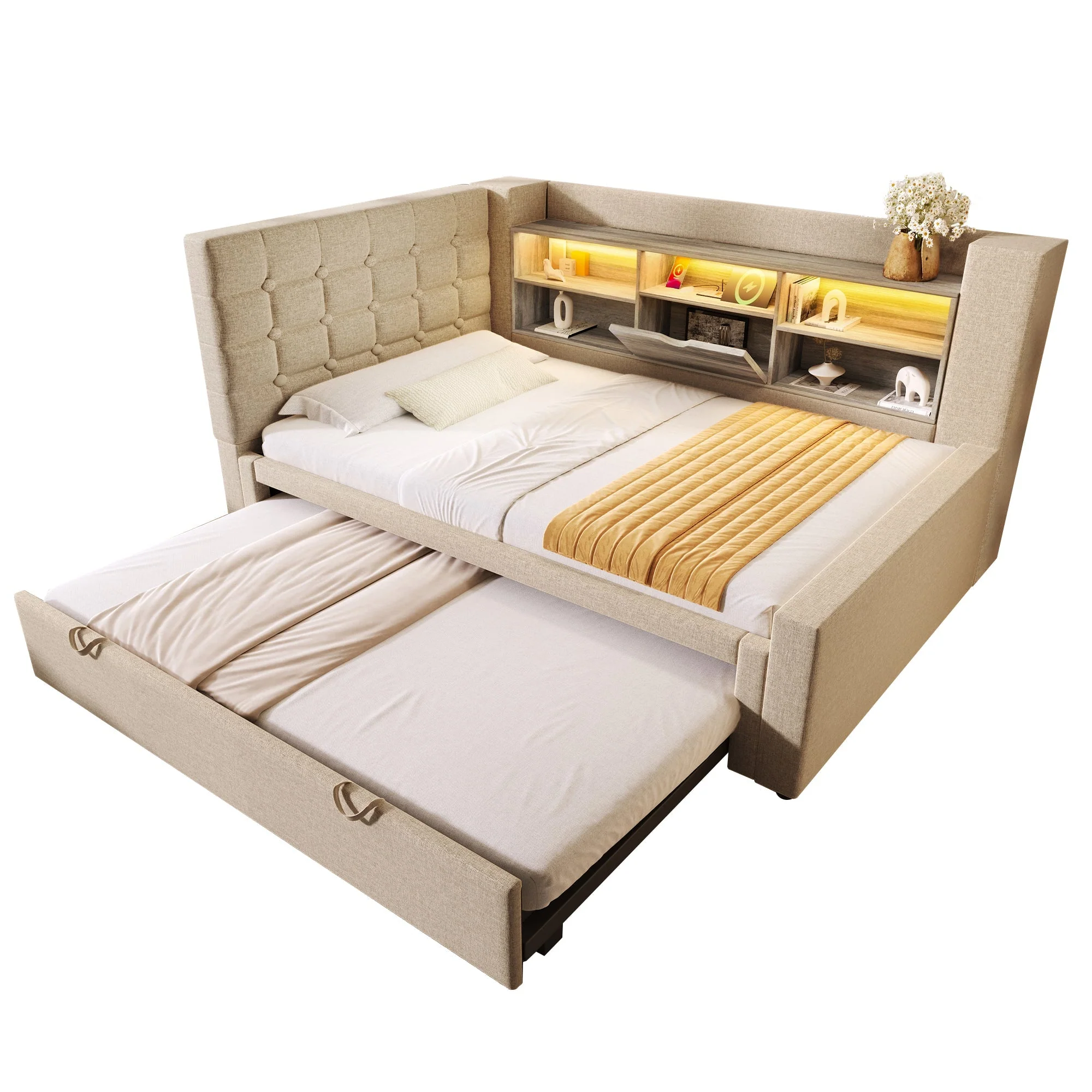Upholstered Bed 90x200cm Pull-Out Bed LED Storage Headboard - Linen Beige - Image 3