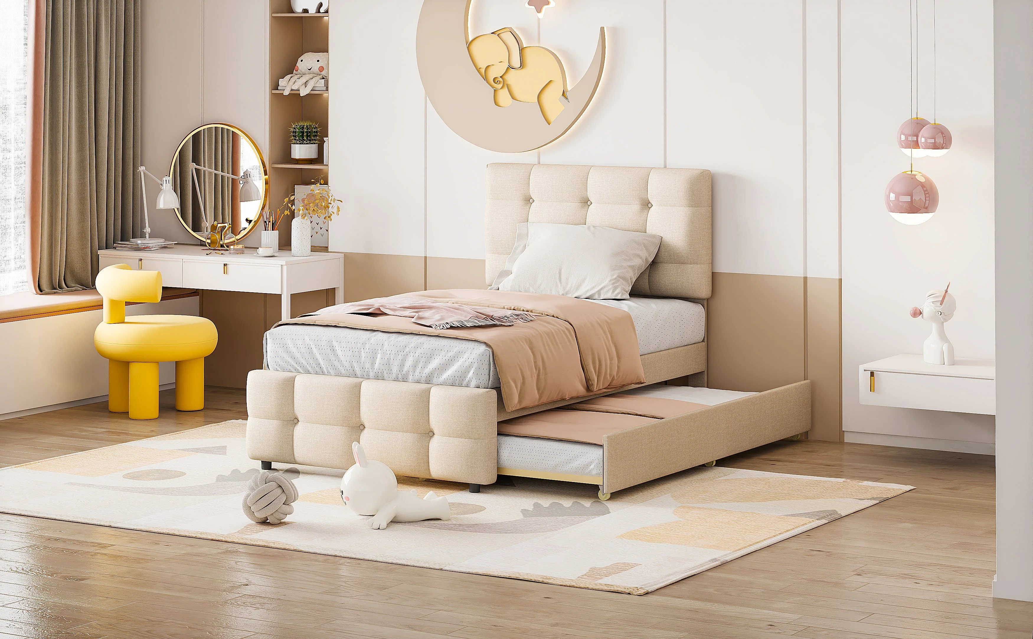 Upholstered Bed, 90x200cm Pull-Out Kids Bed with Adjustable Headboard, Linen Upholstery, Beige - Image 8