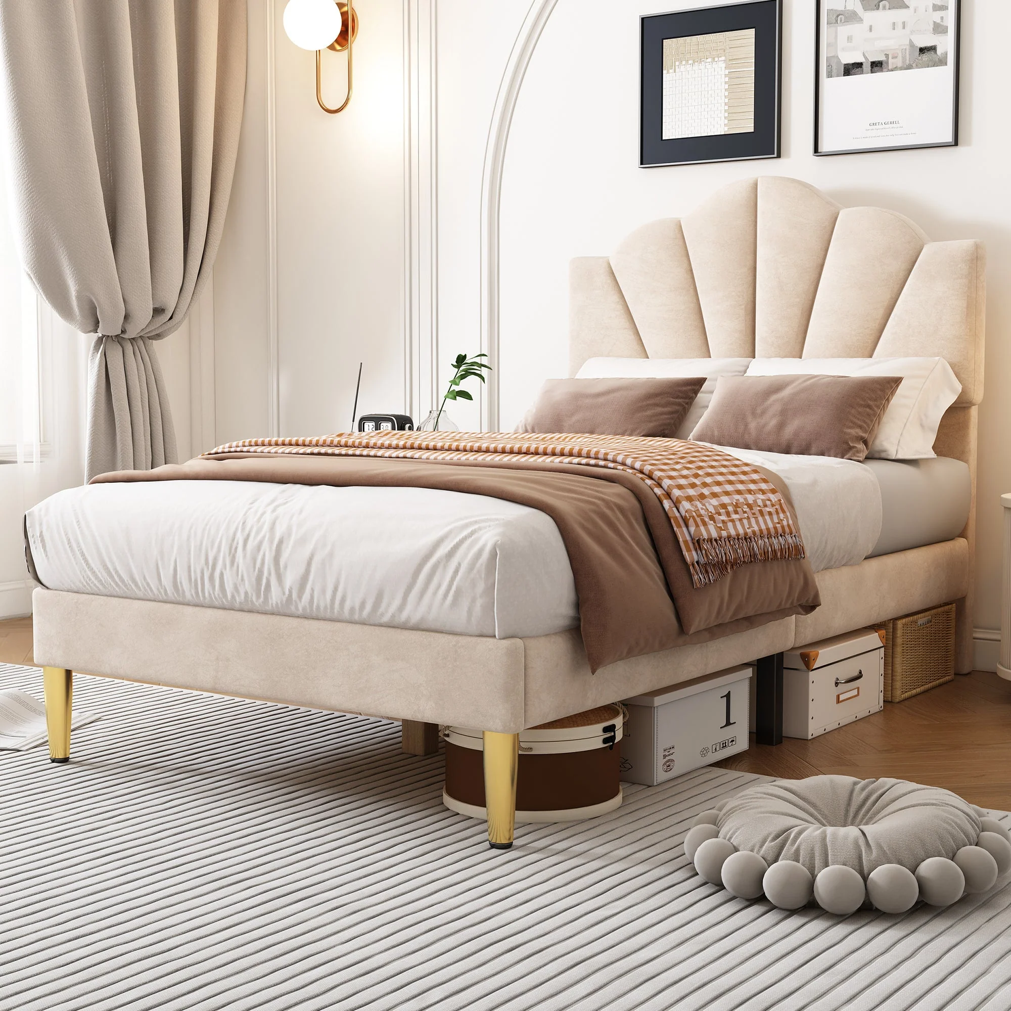 Upholstered Bed 90x200cm Shell Headboard Height-Adjustable Golden Iron Legs Velvet Beige - Image 6
