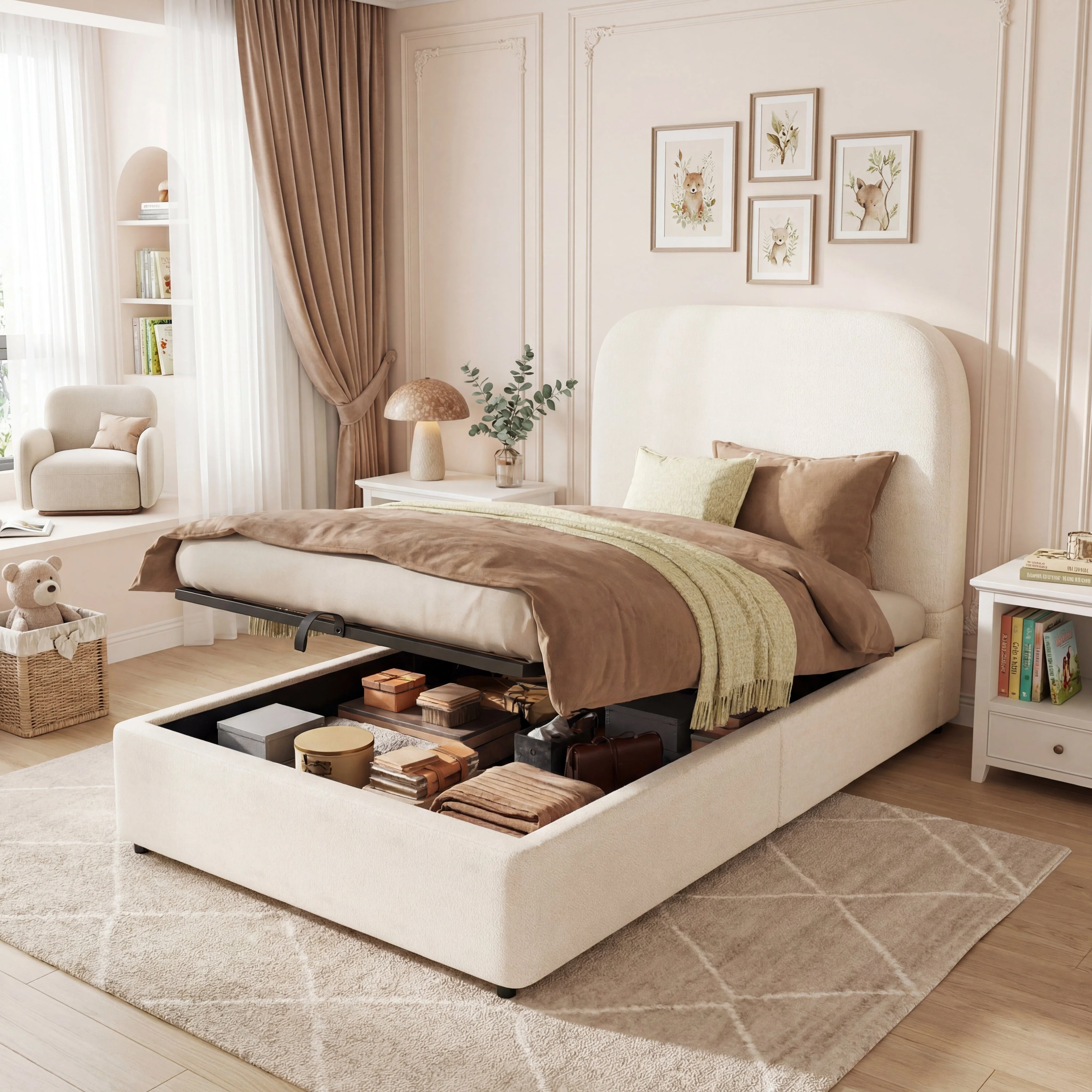 Upholstered Bed, 90x200cm Single Children's Bed with Hydraulic Storage and Slatted Base, Beige Bouclé - Image 4