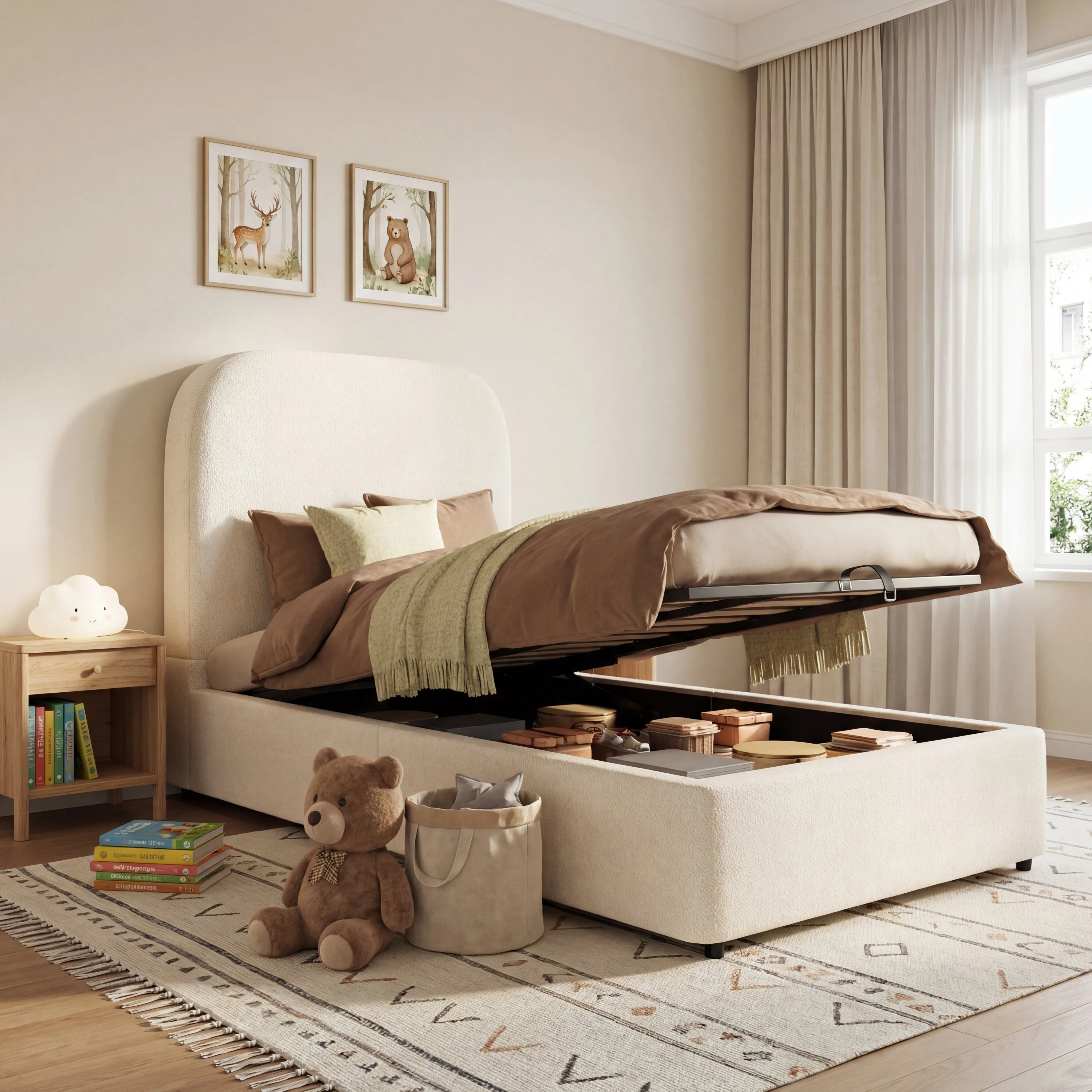 Upholstered Bed, 90x200cm Single Children's Bed with Hydraulic Storage and Slatted Base, Beige Bouclé - Image 5