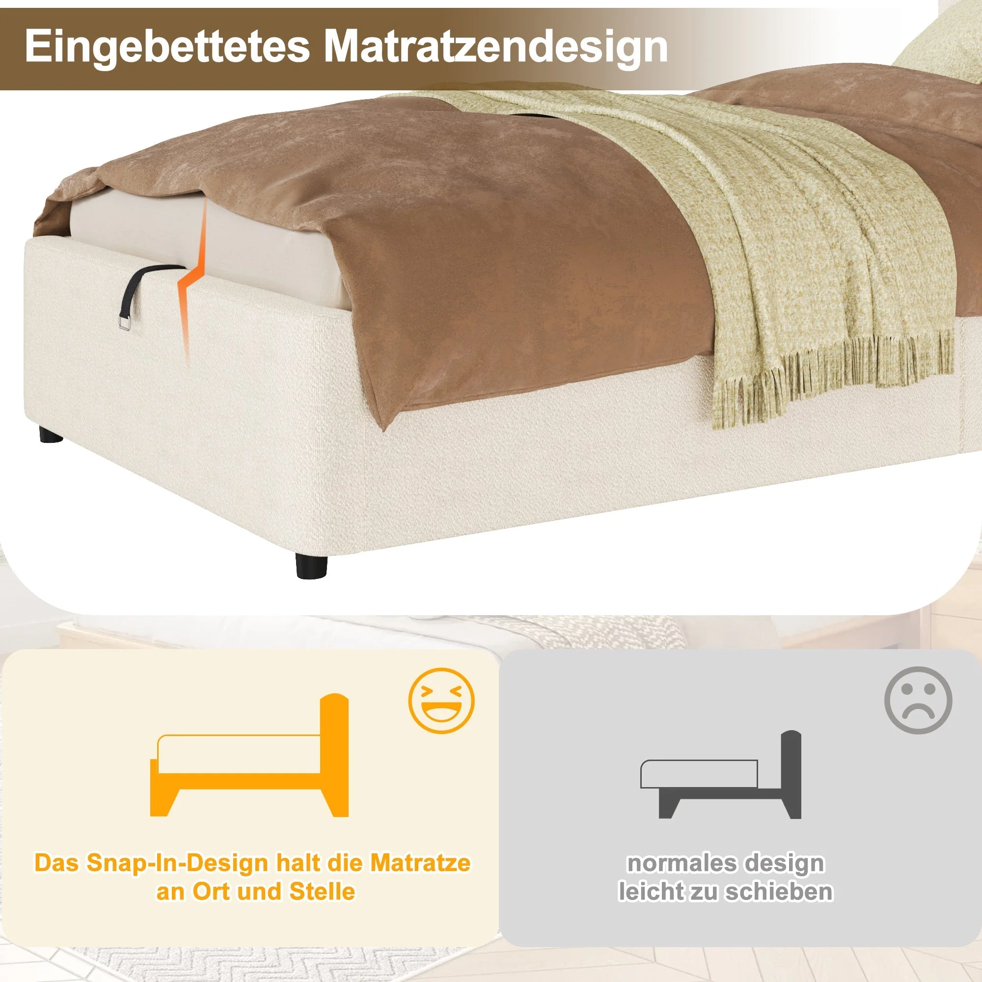 Upholstered Bed, 90x200cm Single Children's Bed with Hydraulic Storage and Slatted Base, Beige Bouclé - Image 6