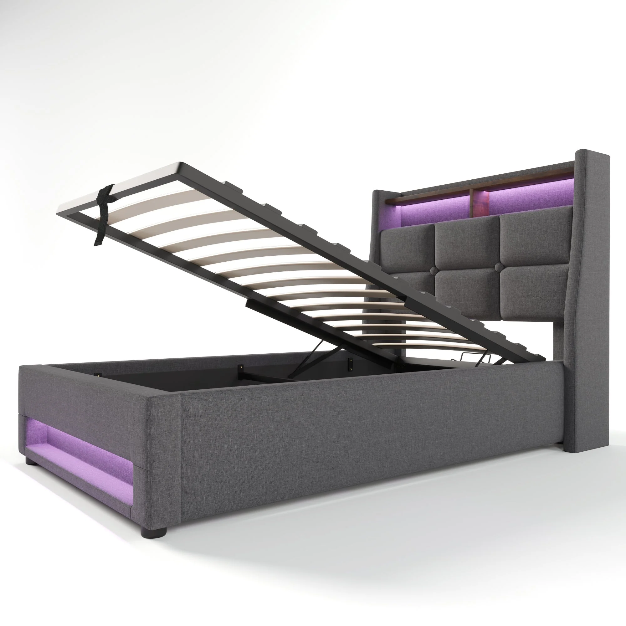 Upholstered Bed 90x200cm Single USB LED Slatted Base, Linen Fabric - Image 6