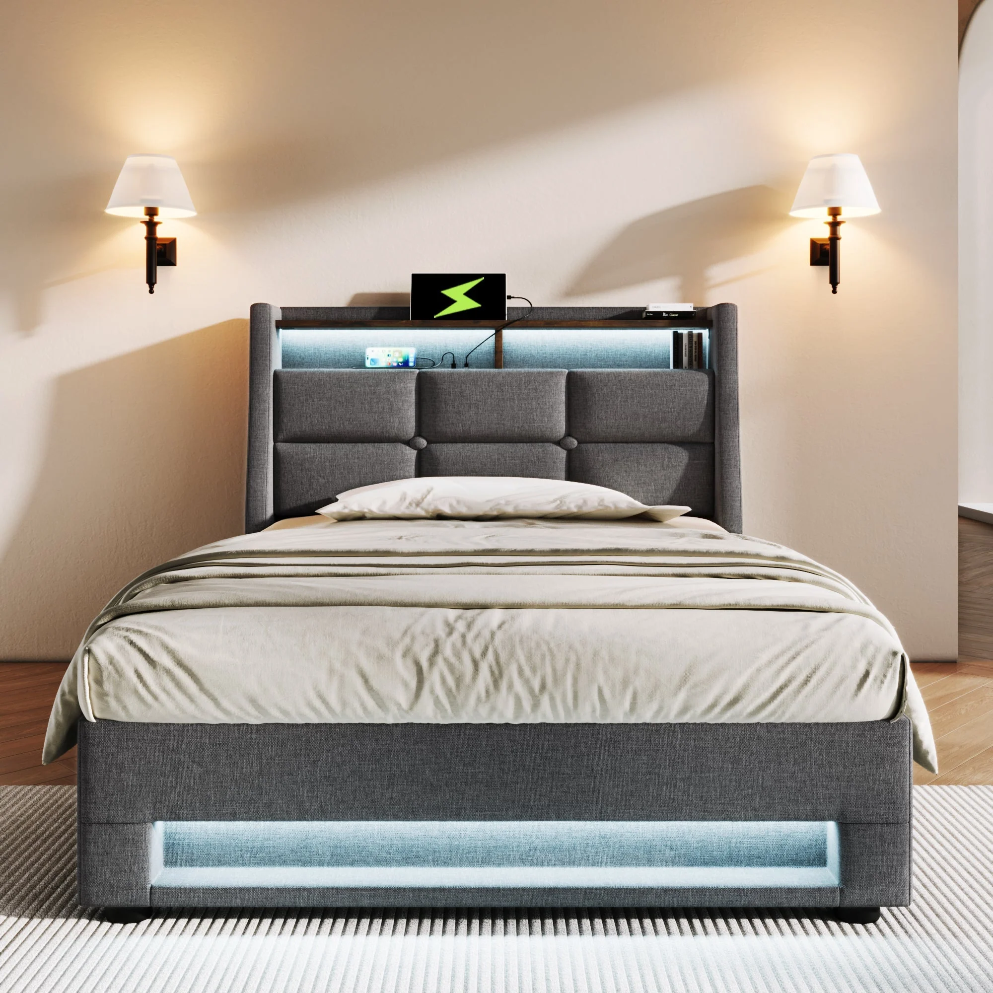 Upholstered Bed 90x200cm Single USB LED Slatted Base, Linen Fabric - Image 7
