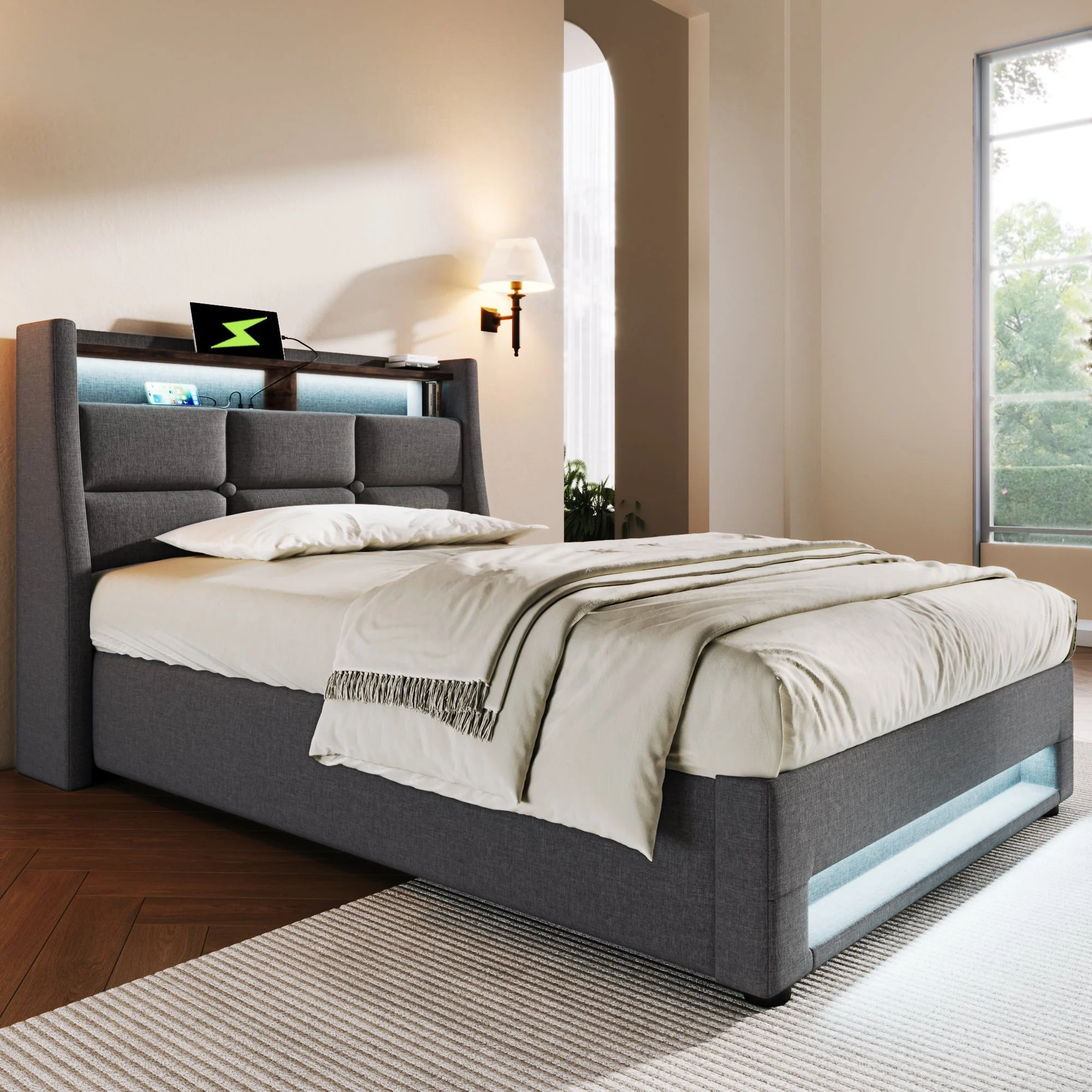 Upholstered Bed 90x200cm Single USB LED Slatted Base, Linen Fabric - Image 8