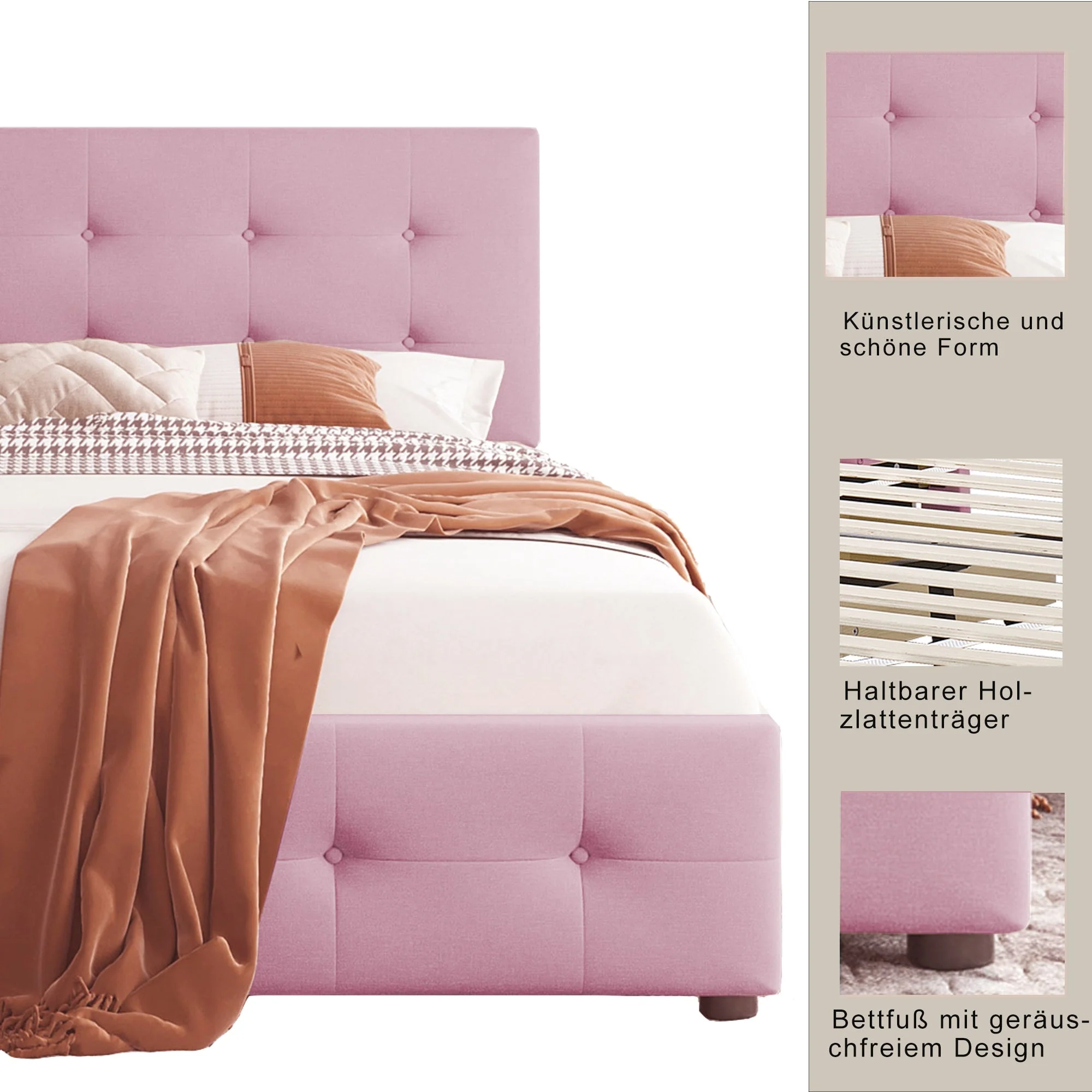 Upholstered Bed 90x200cm, Slatted Frame, Backrest & 2 Drawers, Pink Velvet - Image 6