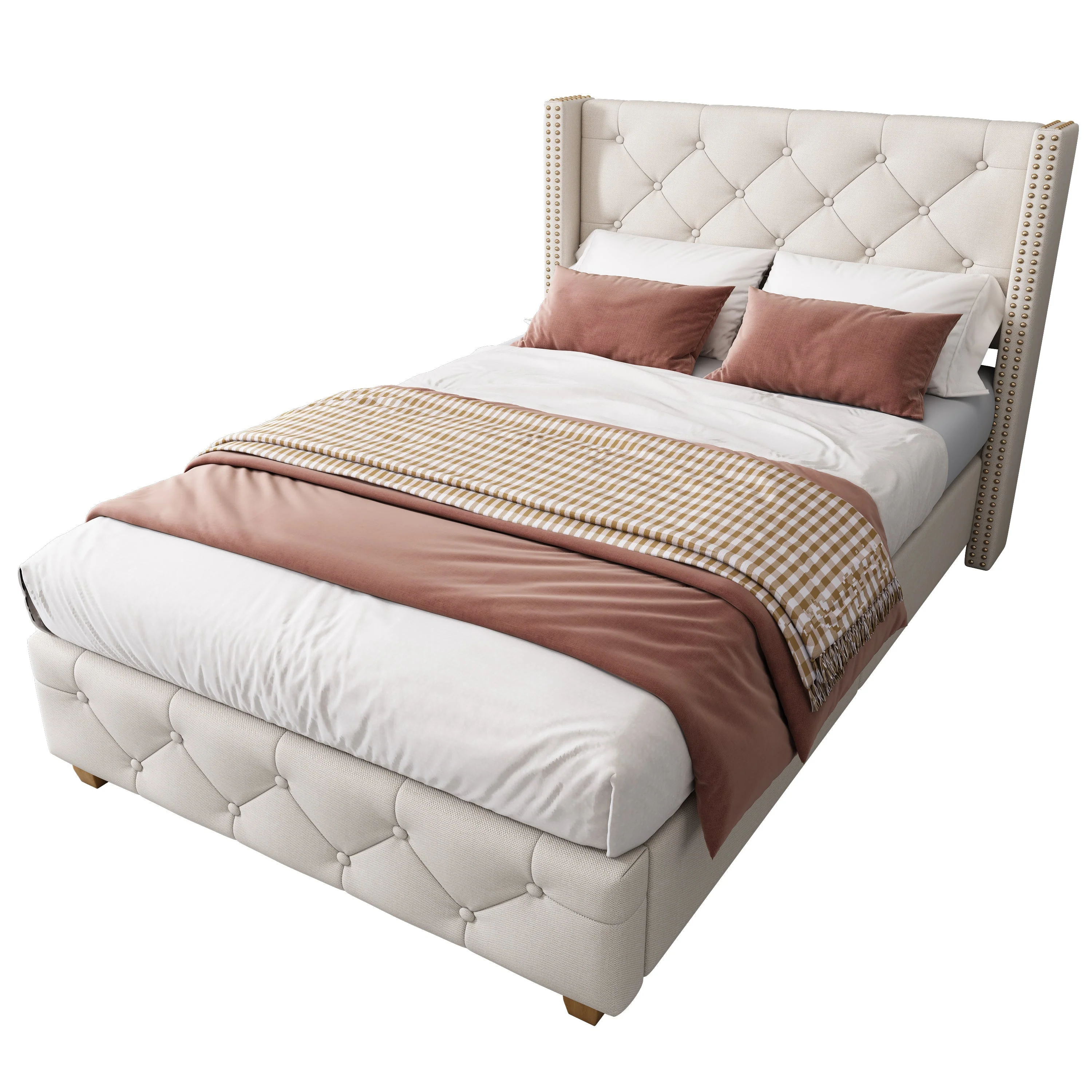 Upholstered Bed 90x200cm Slatted Frame Button Studded Headboard - Linen Beige - Image 7