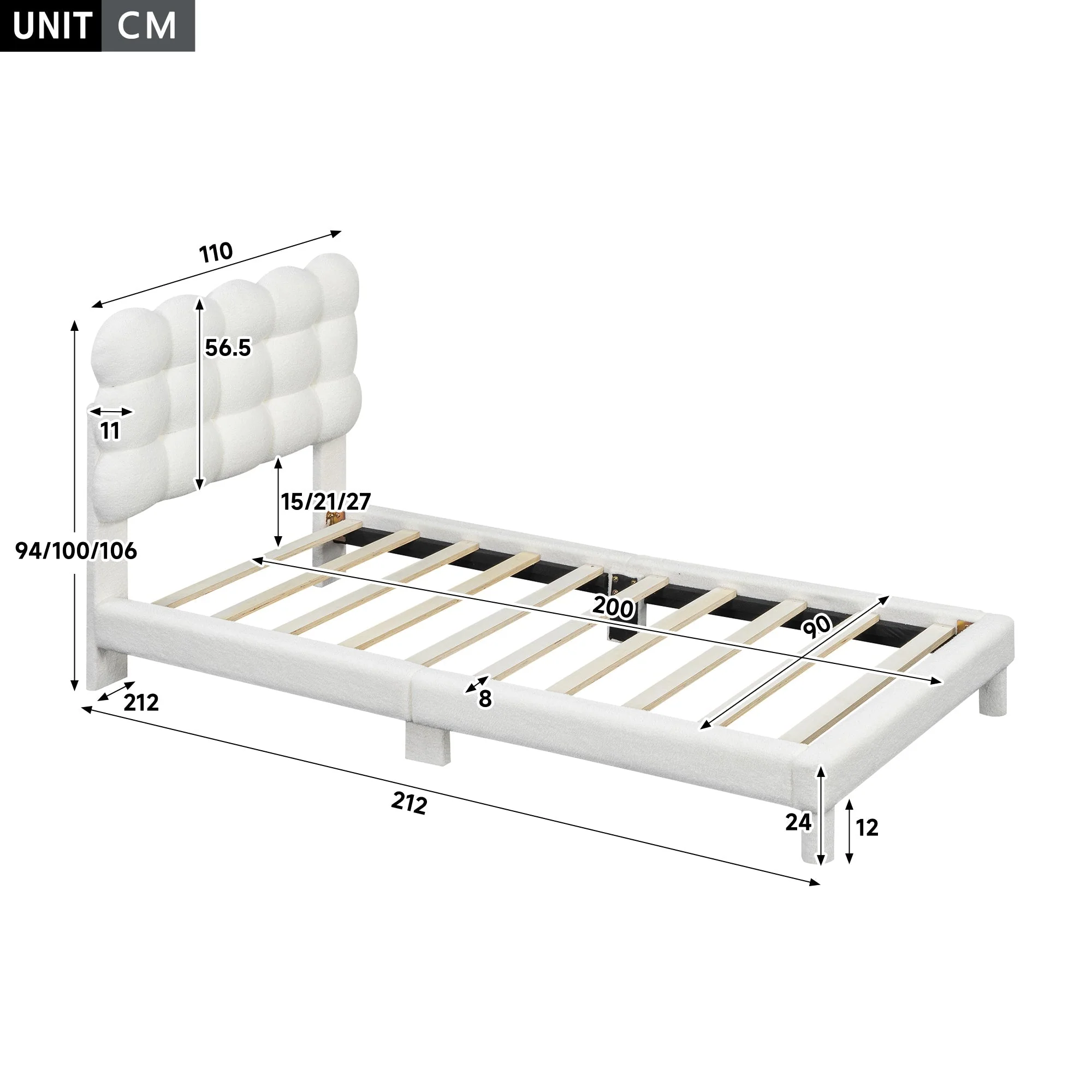 Upholstered Bed 90x200cm Triple Adjustable Headboard - White - Image 6