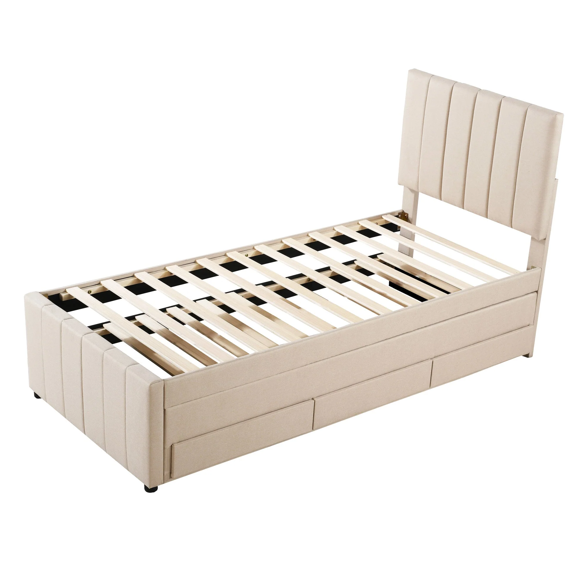 Upholstered Bed 90x200cm, Trundle & Storage, Linen Beige - Image 9