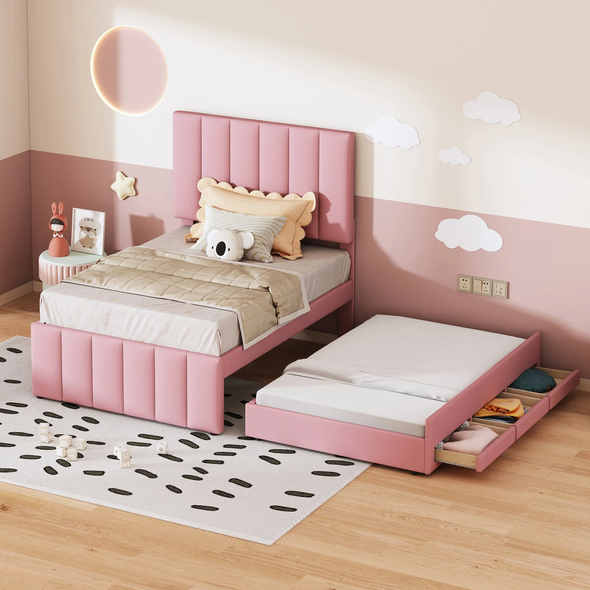 Upholstered Bed 90x200cm, Trundle & Storage, Linen (Pink) - Image 3