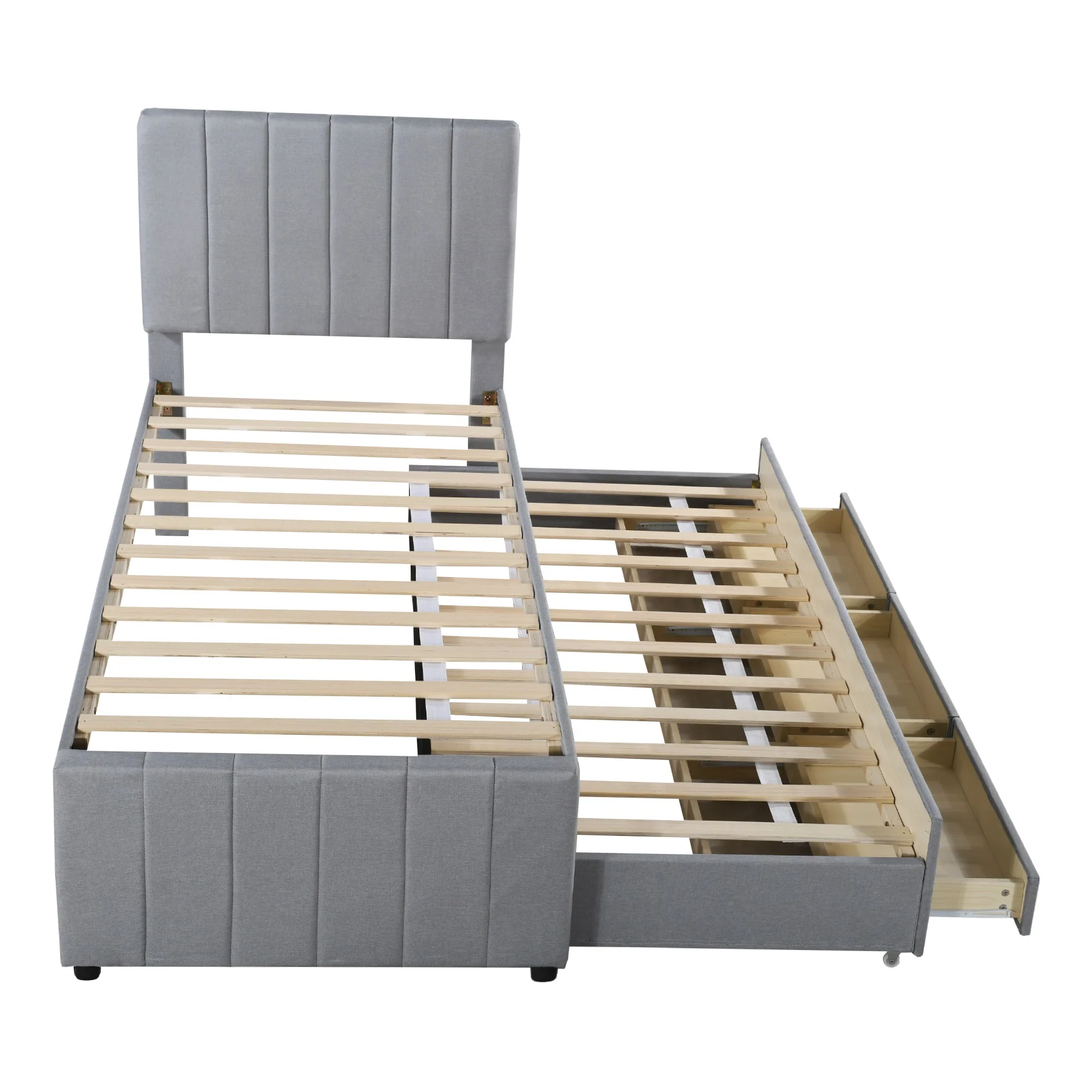 Upholstered Bed, 90x200cm Trundle with Storage Drawers, Linen Grey - Image 8