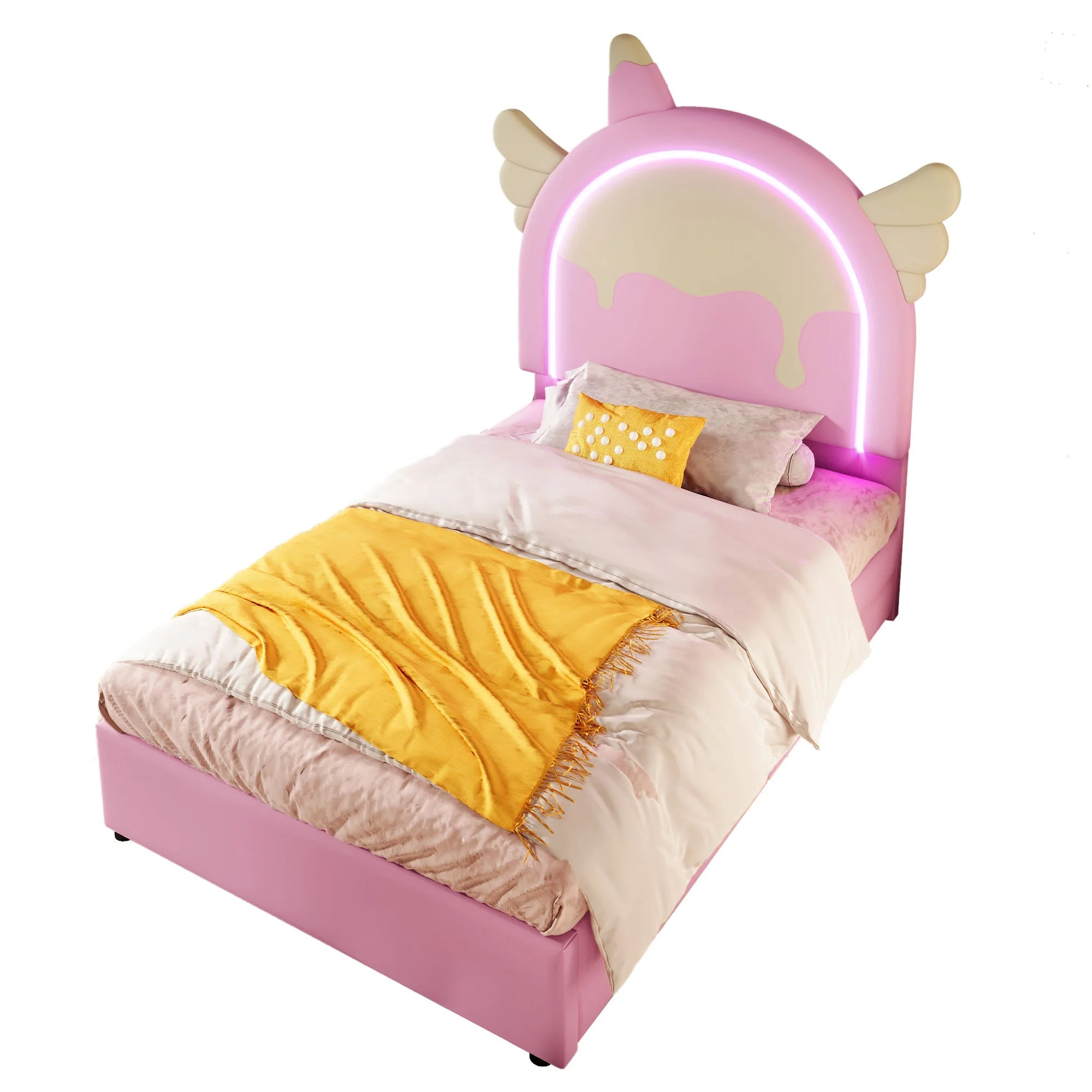 Upholstered Bed 90x200cm Unicorn Shape Light Strip 2 Drawers - PU Pink - Image 7
