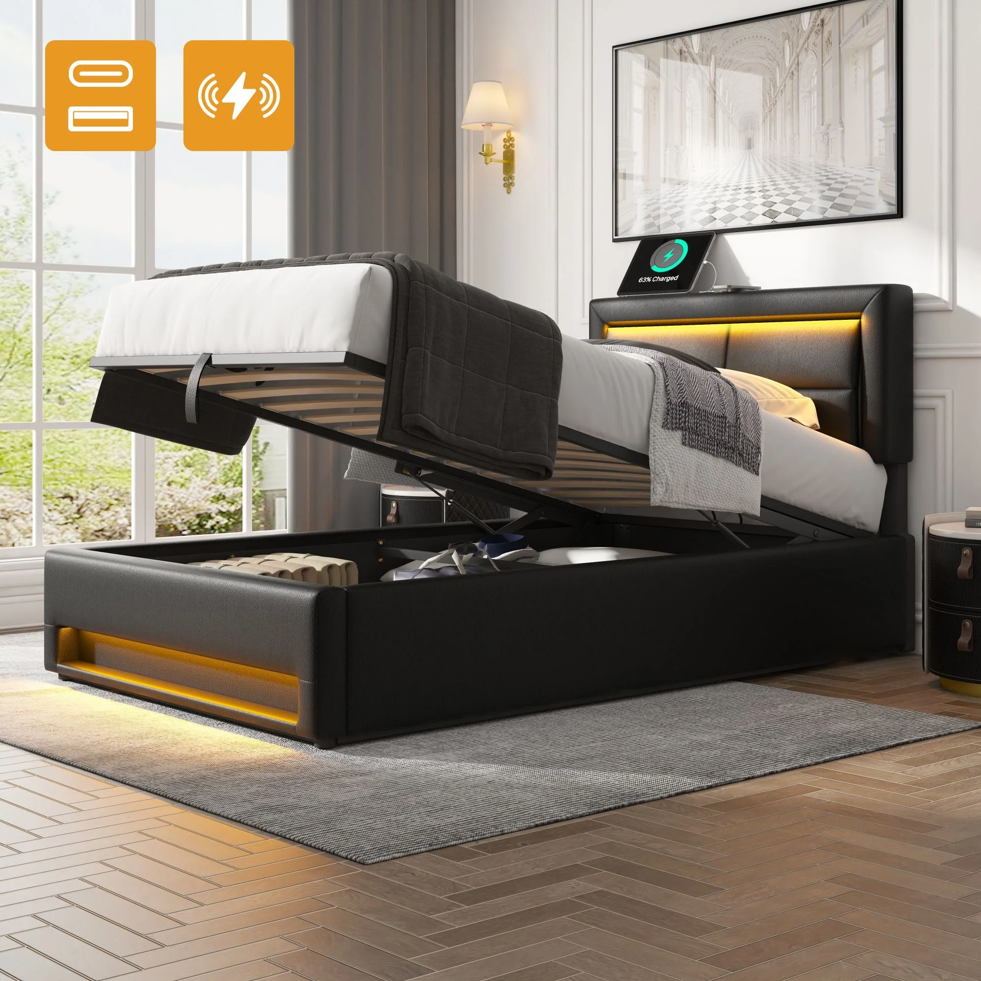 Upholstered Bed 90x200cm USB Charging LED Storage - Black PU Lychee