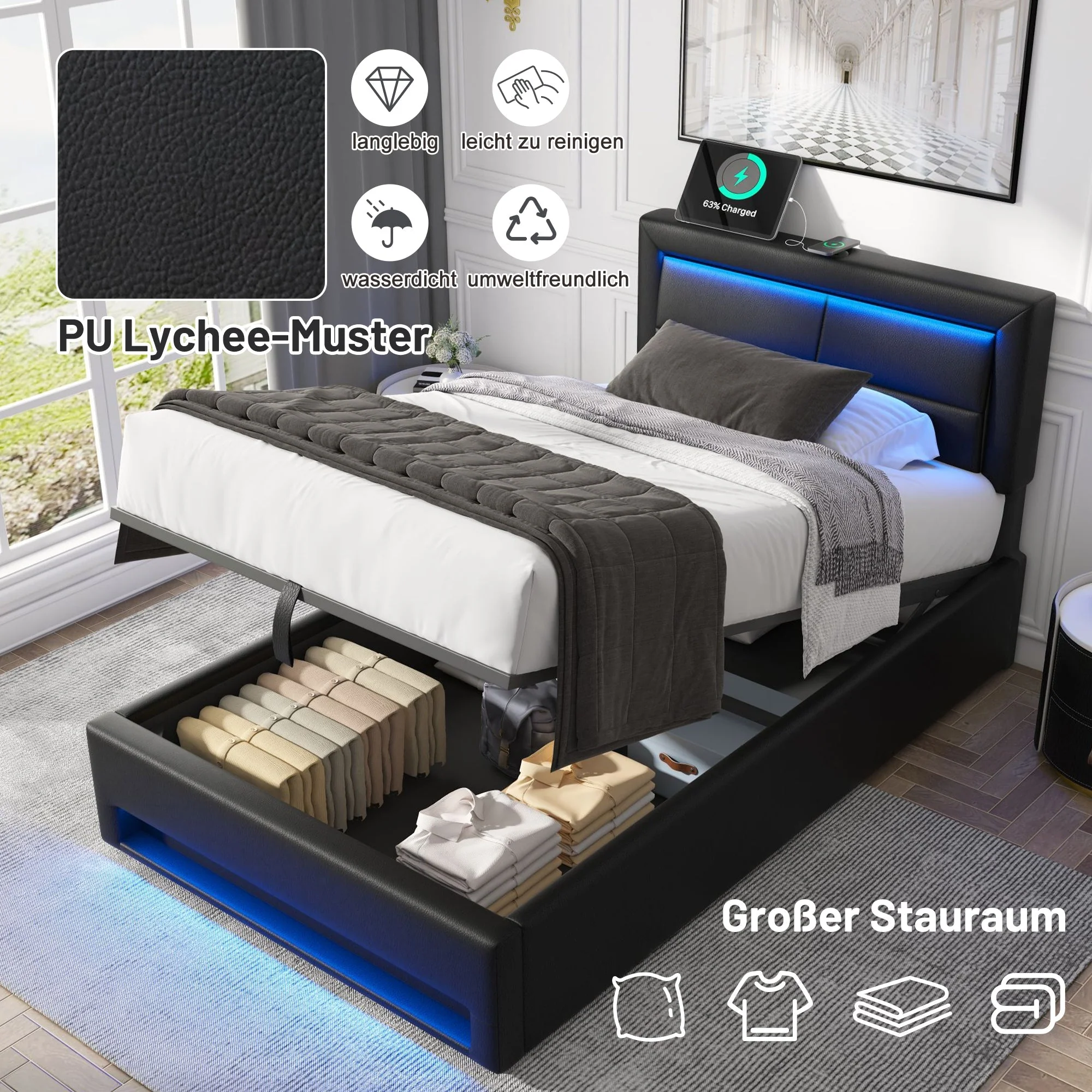 Upholstered Bed 90x200cm USB Charging LED Storage - Black PU Lychee - Image 6