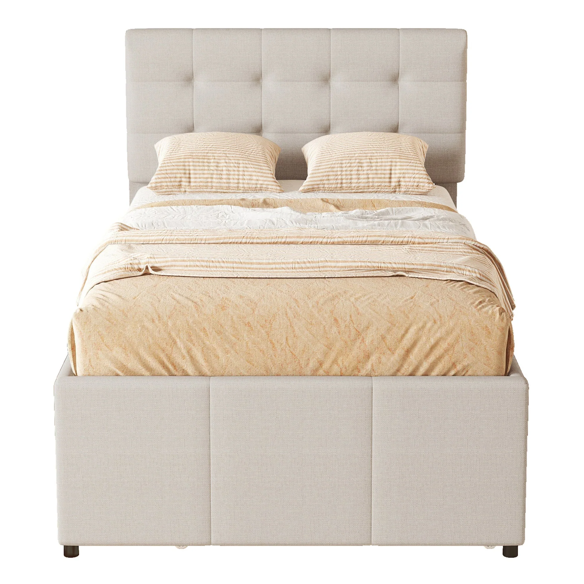 Upholstered Bed 90x200cm with 3 Drawers, Pull-out Trundle Bed, Adjustable Headboard, Beige - Image 5