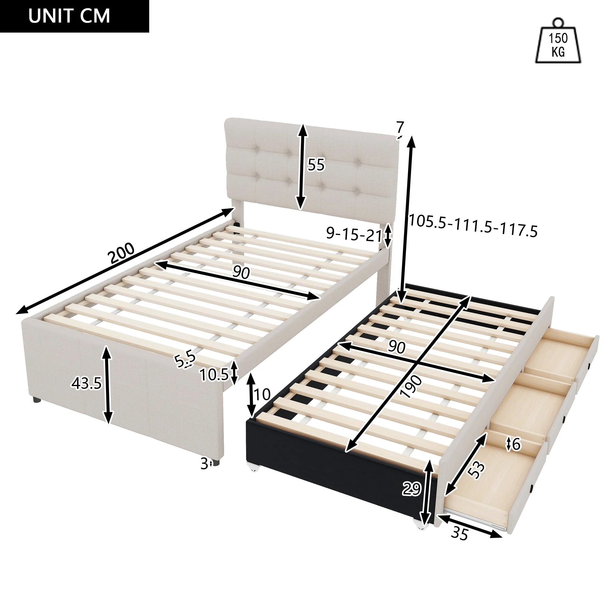 Upholstered Bed 90x200cm with 3 Drawers, Pull-out Trundle Bed, Adjustable Headboard, Beige - Image 7