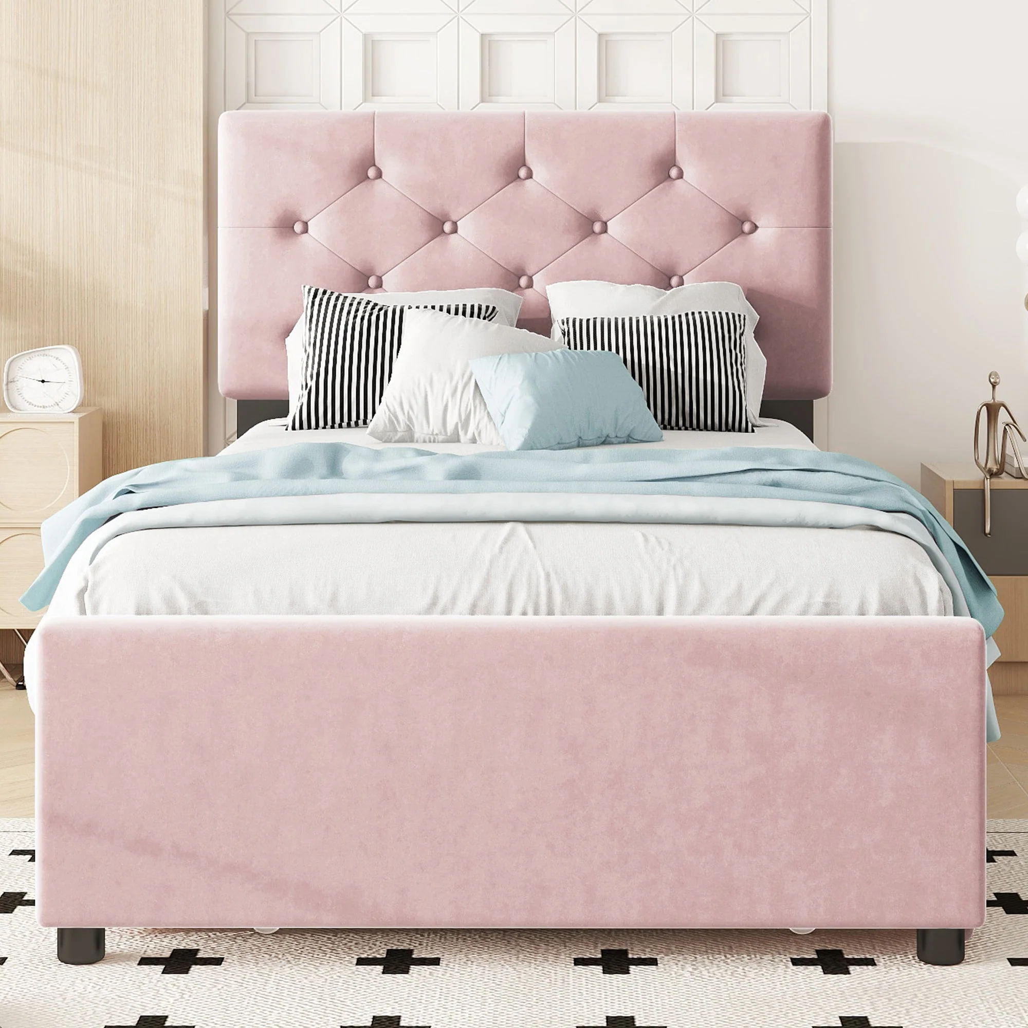 Upholstered Bed 90x200cm with Slatted Base and Rolling Storage, Pink Velvet - Image 3