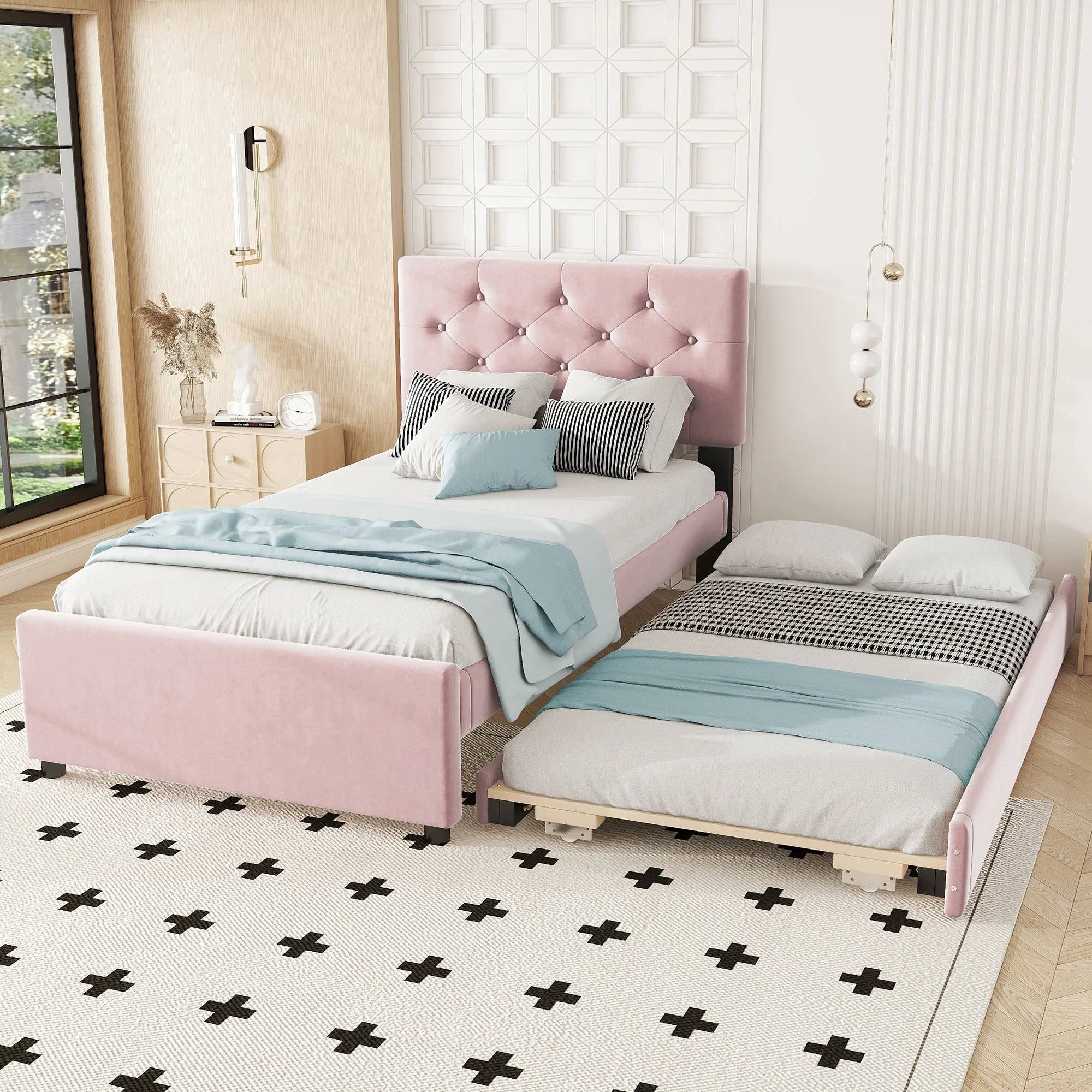 Upholstered Bed 90x200cm with Slatted Base and Rolling Storage, Pink Velvet - Image 4