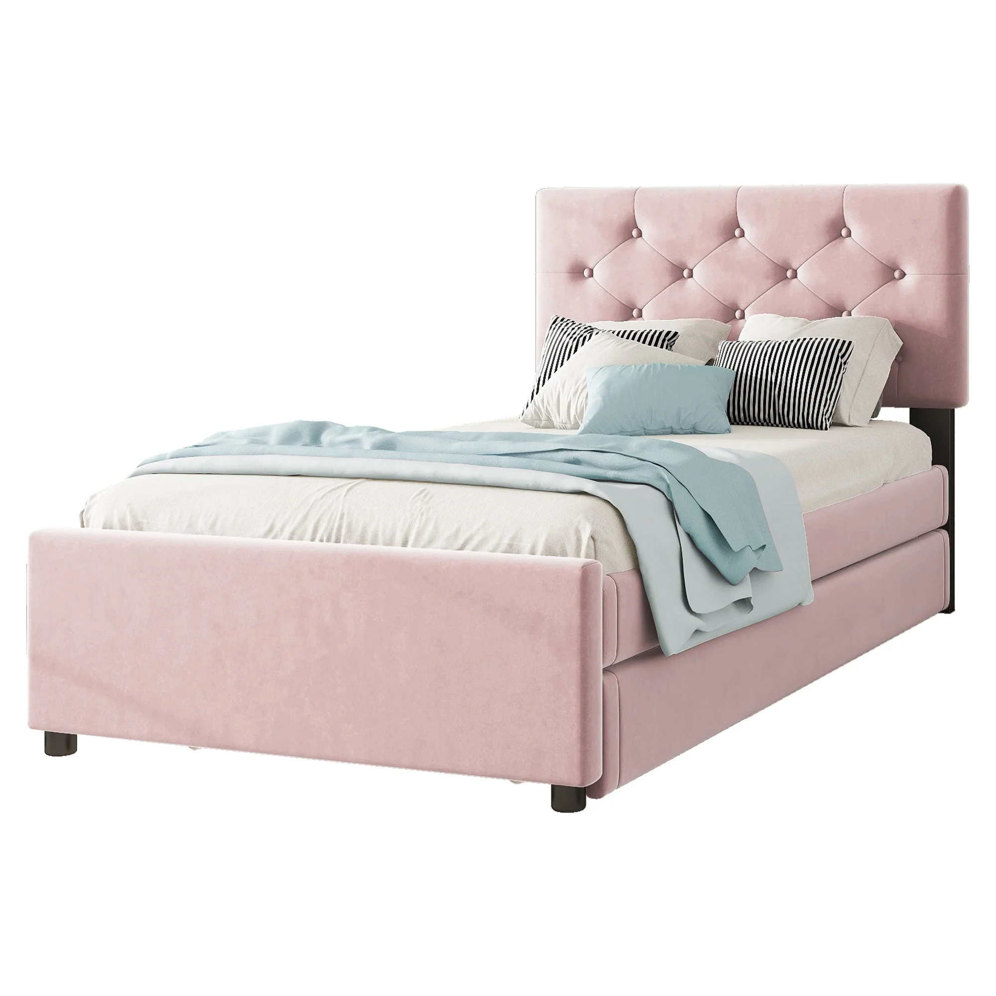 Upholstered Bed 90x200cm with Slatted Base and Rolling Storage, Pink Velvet - Image 5